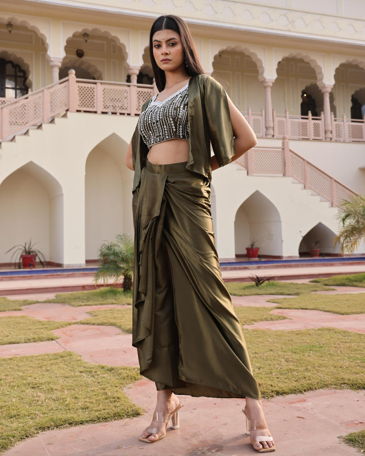 Women's Indo Western Drape Skirt Set in Mehendi Satin Silk with Hand Embroidery