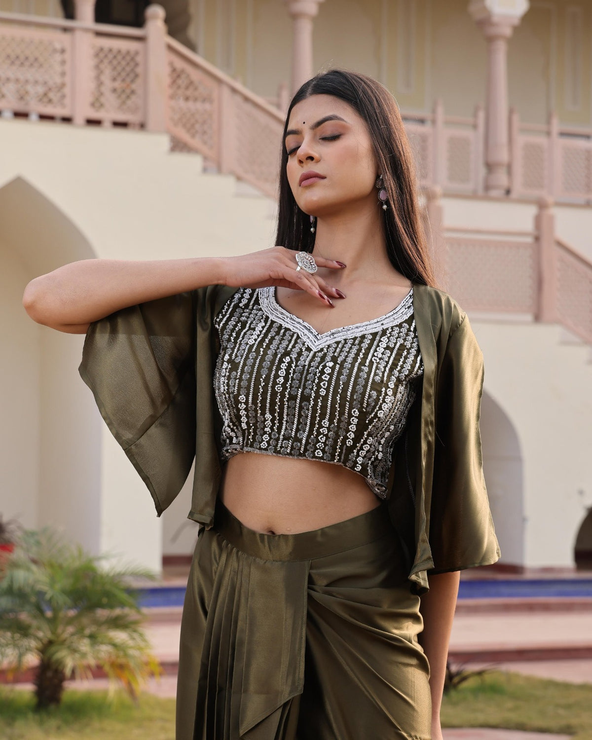 Women's Indo Western Drape Skirt Set in Mehendi Satin Silk with Hand Embroidery
