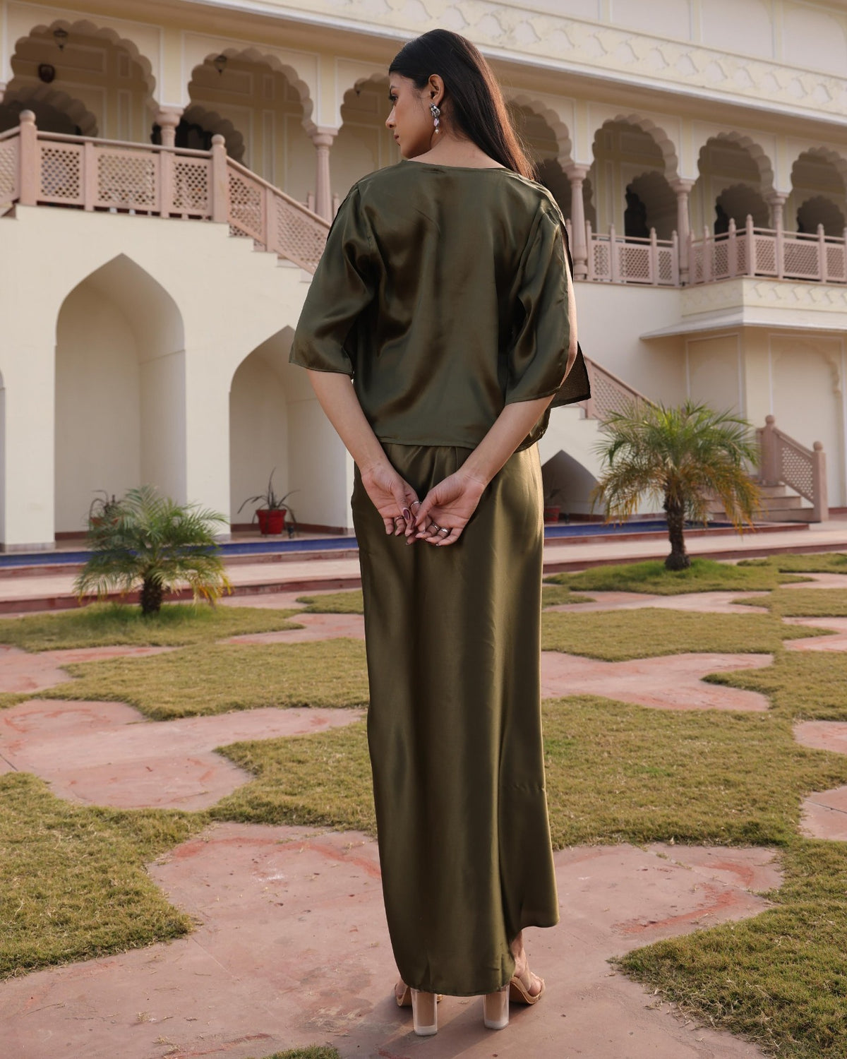Women's Indo Western Drape Skirt Set in Mehendi Satin Silk with Hand Embroidery