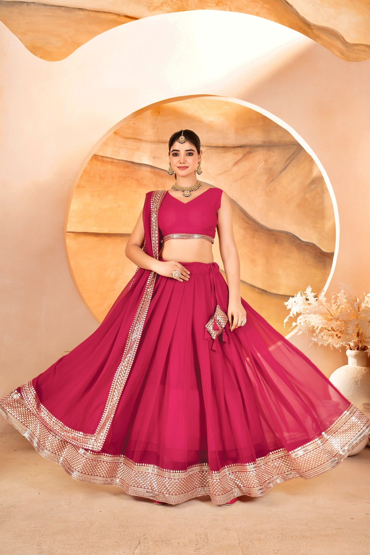 Women's Lehenga Choli Set in Rani Pink & Black Faux Blooming Fabric with Sequin Embroidery