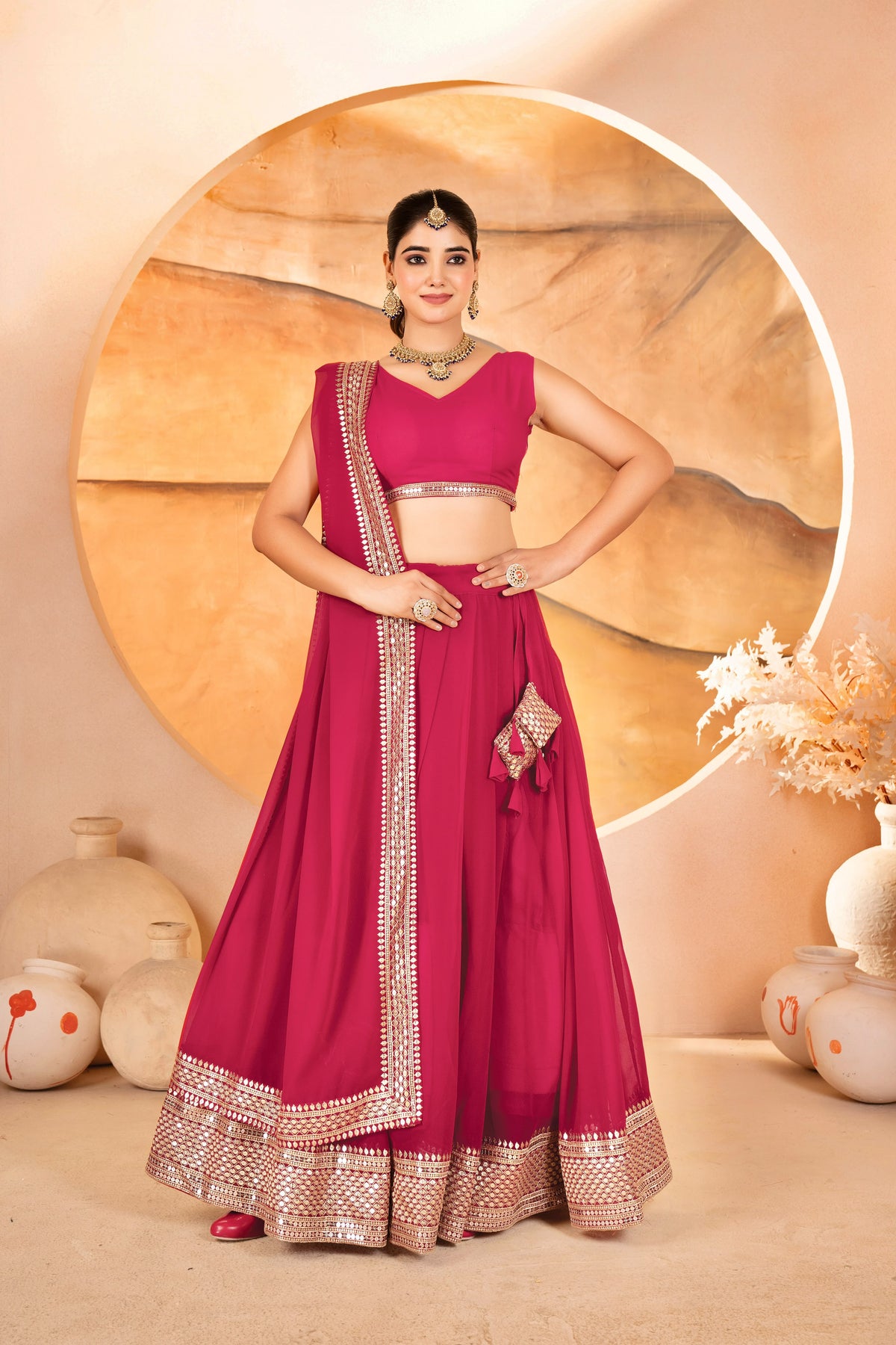 Women's Lehenga Choli Set in Rani Pink & Black Faux Blooming Fabric with Sequin Embroidery