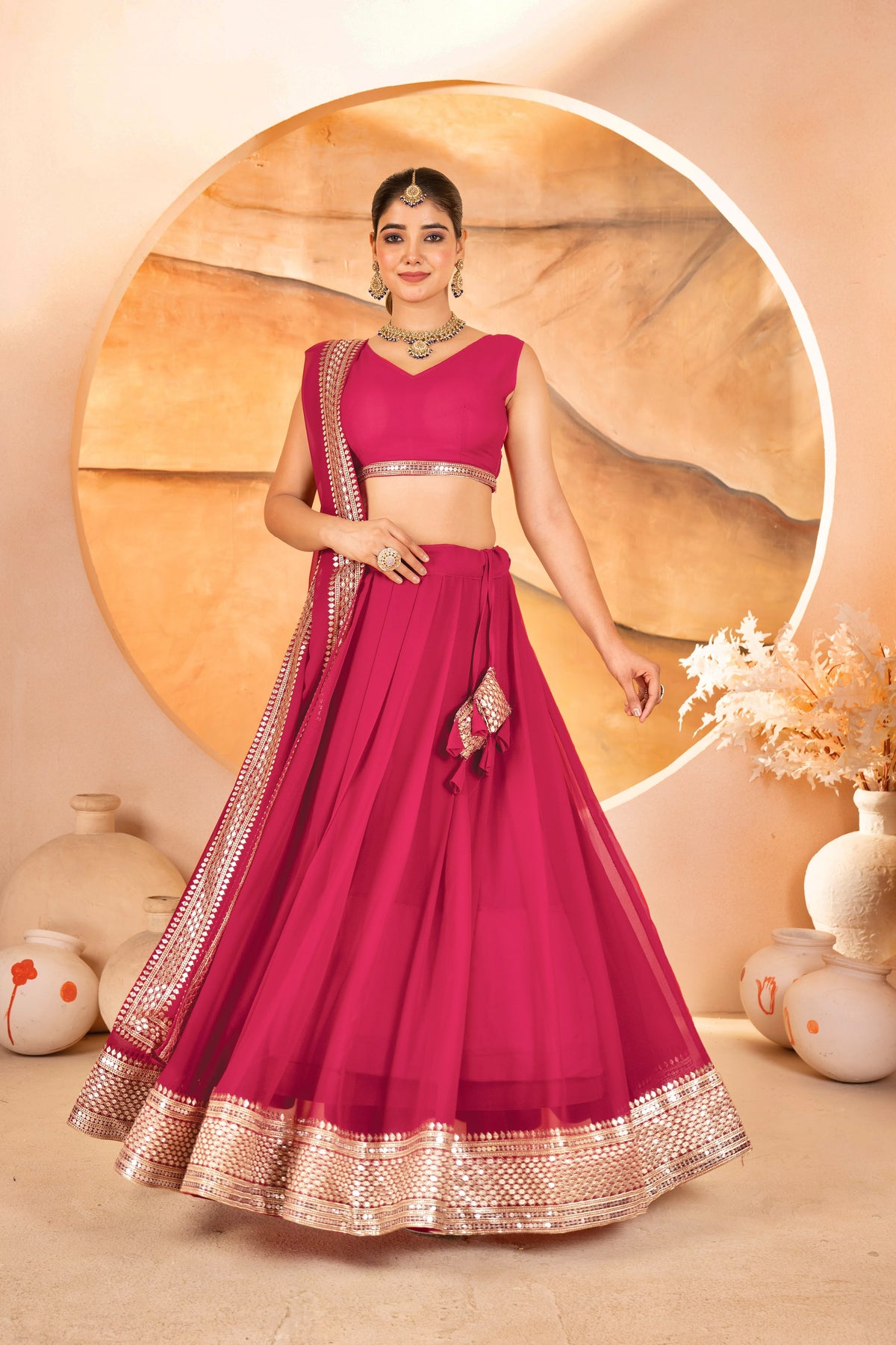 Women's Lehenga Choli Set in Rani Pink & Black Faux Blooming Fabric with Sequin Embroidery
