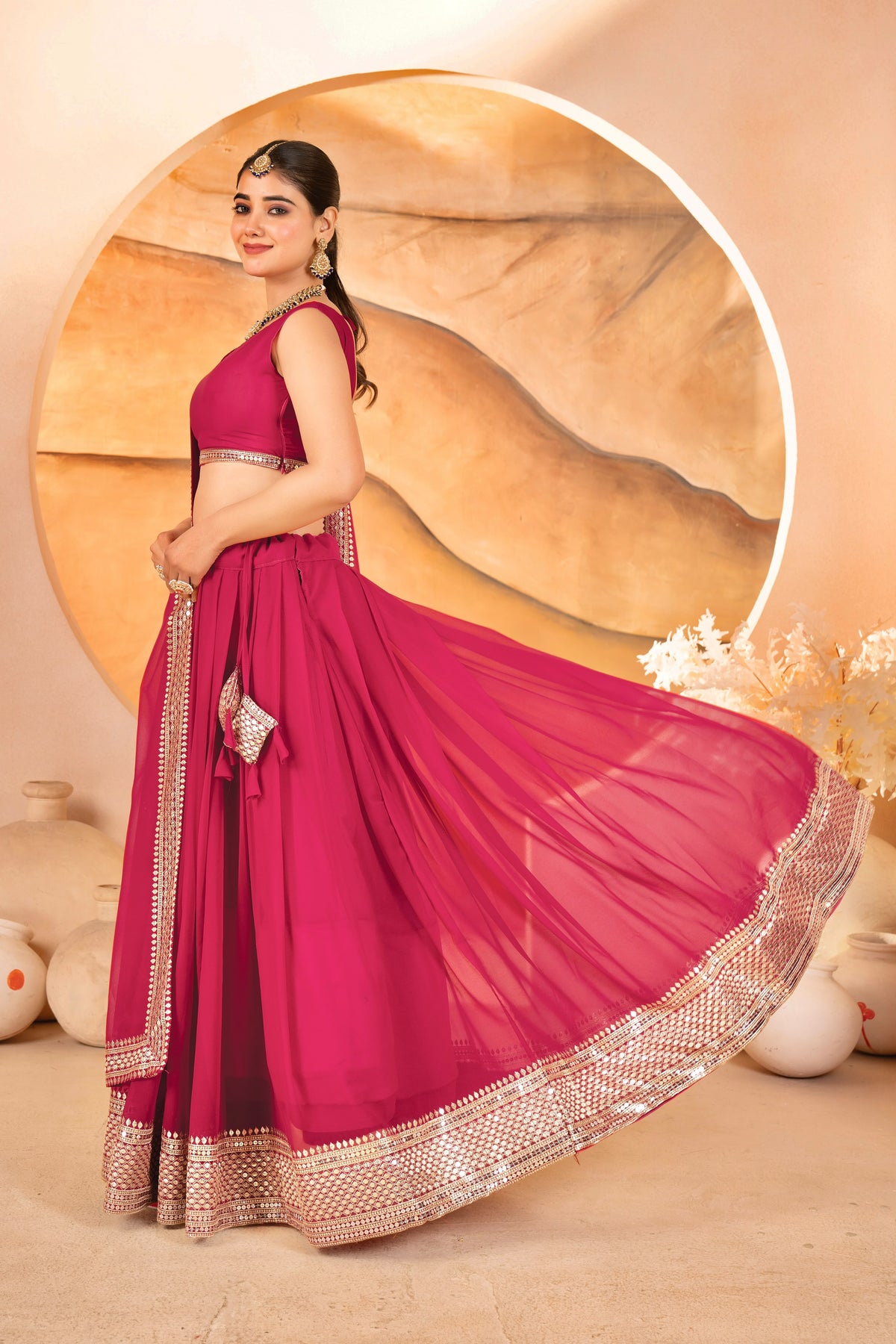 Women's Lehenga Choli Set in Rani Pink & Black Faux Blooming Fabric with Sequin Embroidery