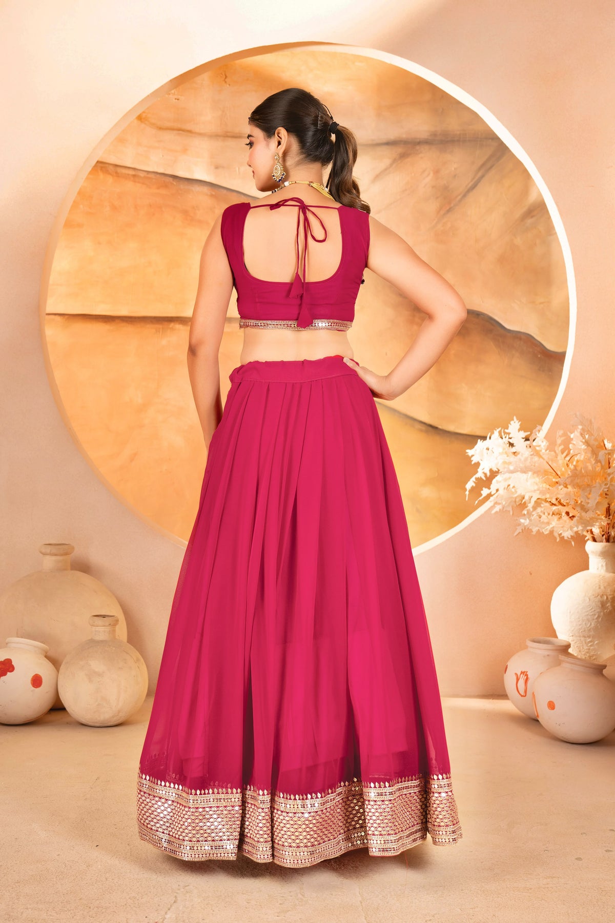 Women's Lehenga Choli Set in Rani Pink & Black Faux Blooming Fabric with Sequin Embroidery