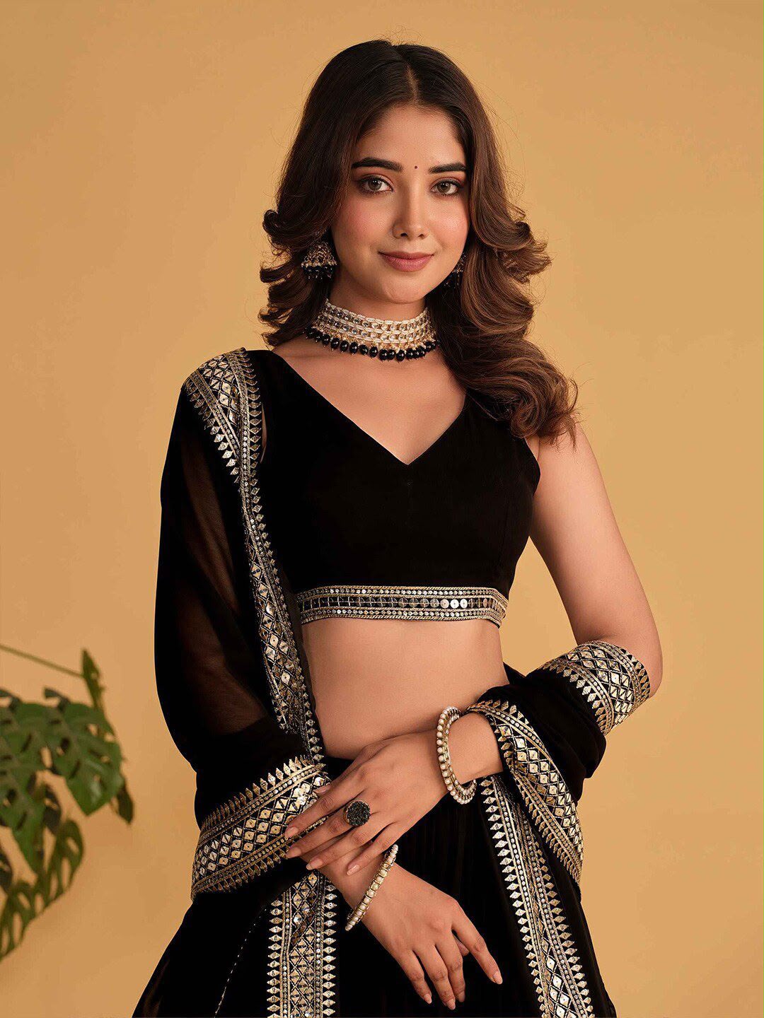 Women's Lehenga Choli Set in Rani Pink & Black Faux Blooming Fabric with Sequin Embroidery