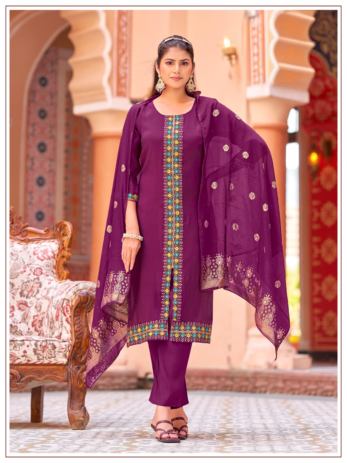Women's Kurti Palazzo Dupatta Set in Assorted Colors Mul Chanderi with Heavy Embroidery