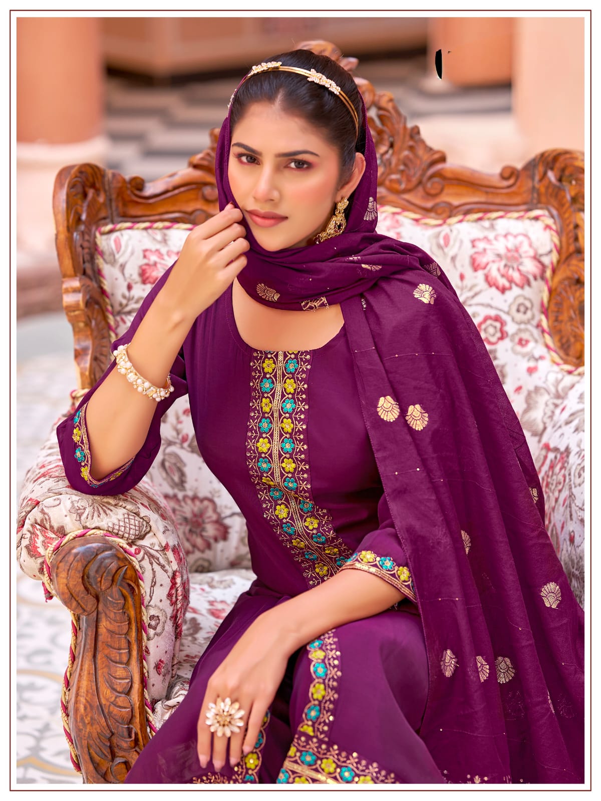Women's Kurti Palazzo Dupatta Set in Assorted Colors Mul Chanderi with Heavy Embroidery
