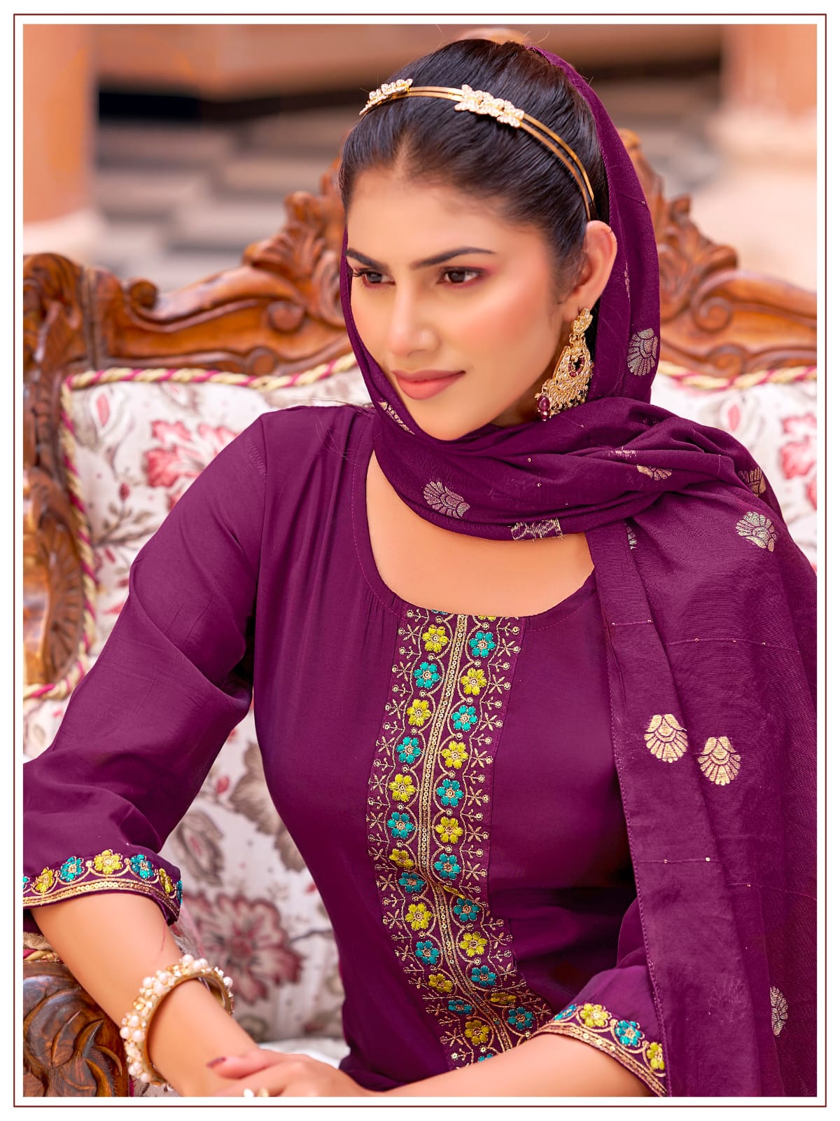 Women's Kurti Palazzo Dupatta Set in Assorted Colors Mul Chanderi with Heavy Embroidery
