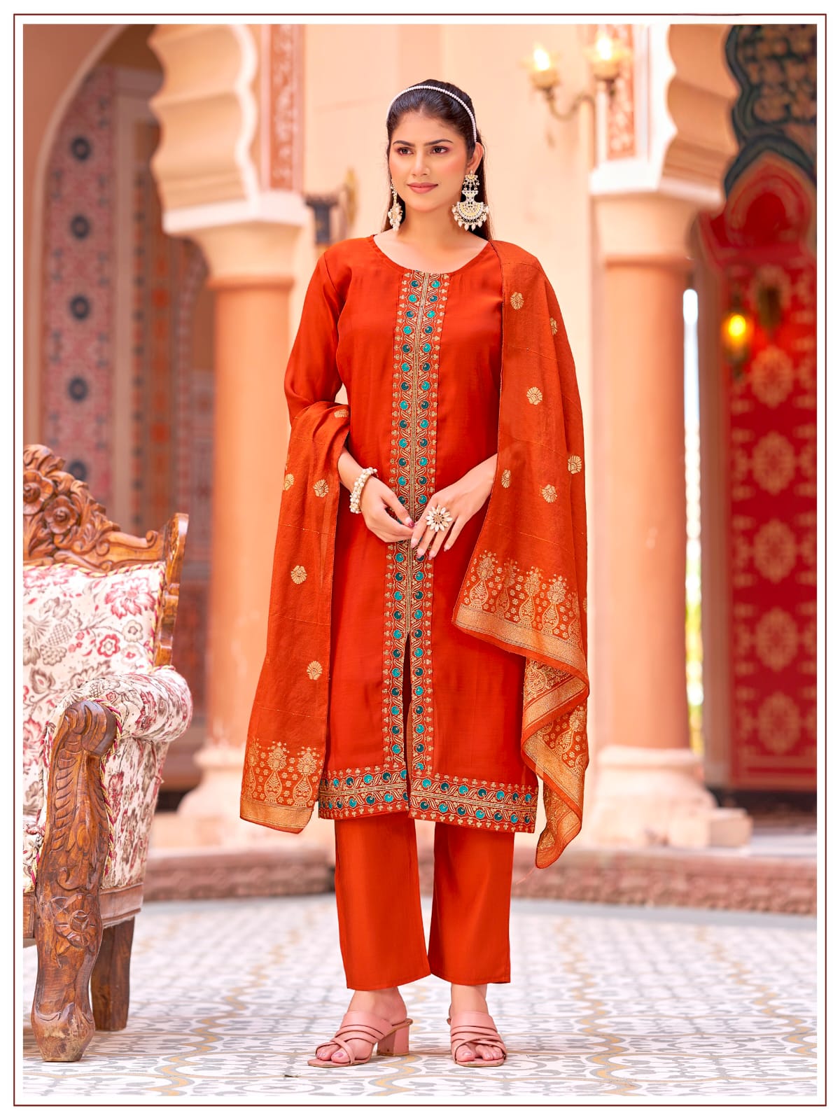 Women's Kurti Palazzo Dupatta Set in Assorted Colors Mul Chanderi with Heavy Embroidery
