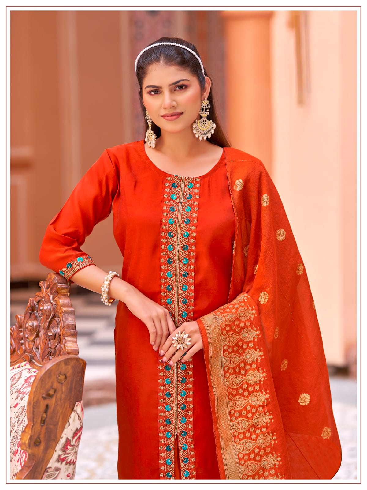 Women's Kurti Palazzo Dupatta Set in Assorted Colors Mul Chanderi with Heavy Embroidery