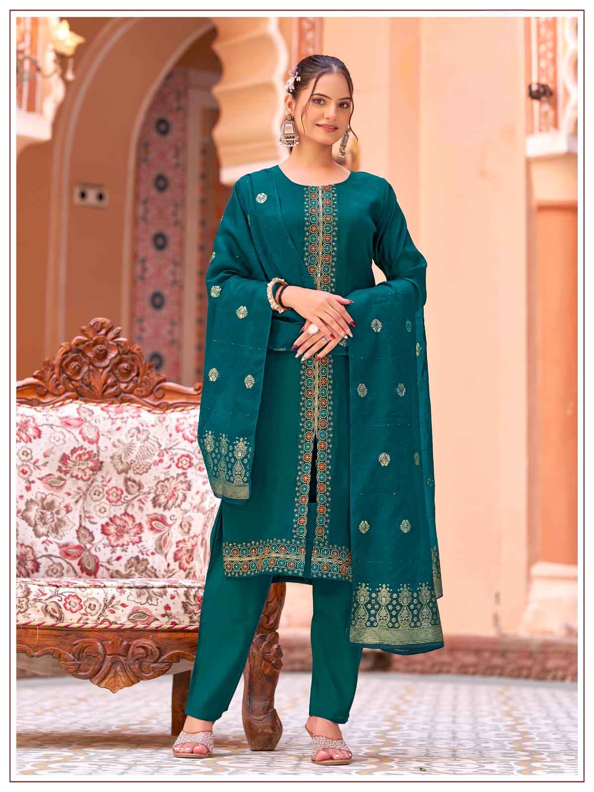Women's Kurti Palazzo Dupatta Set in Assorted Colors Mul Chanderi with Heavy Embroidery