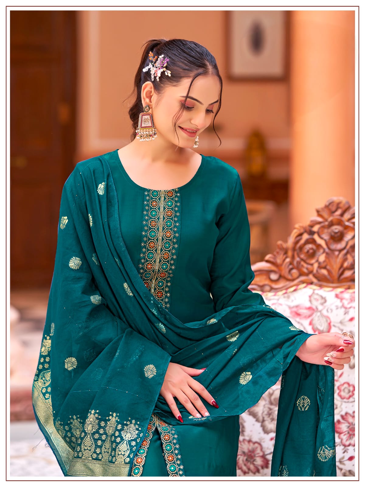 Women's Kurti Palazzo Dupatta Set in Assorted Colors Mul Chanderi with Heavy Embroidery