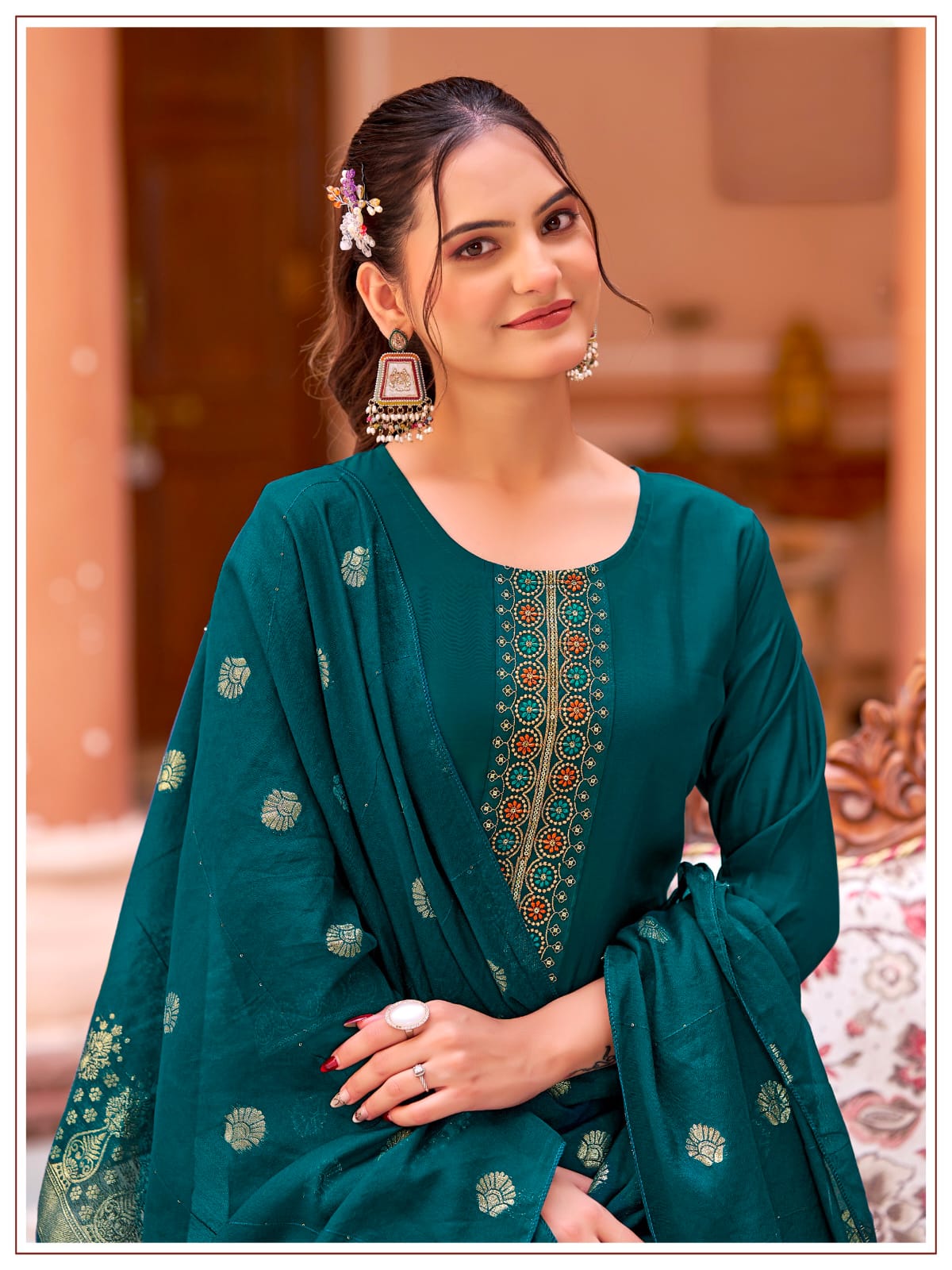 Women's Kurti Palazzo Dupatta Set in Assorted Colors Mul Chanderi with Heavy Embroidery