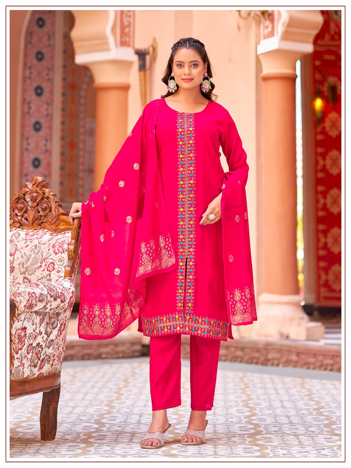 Women's Kurti Palazzo Dupatta Set in Assorted Colors Mul Chanderi with Heavy Embroidery