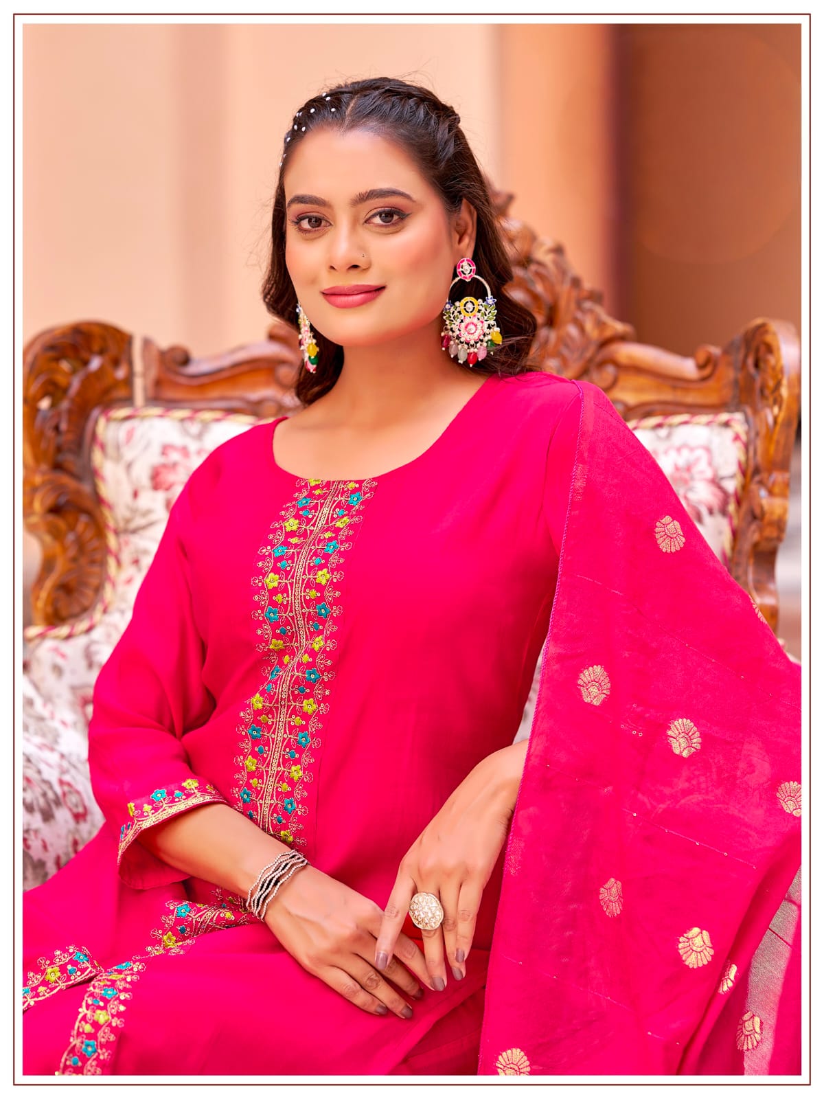 Women's Kurti Palazzo Dupatta Set in Assorted Colors Mul Chanderi with Heavy Embroidery