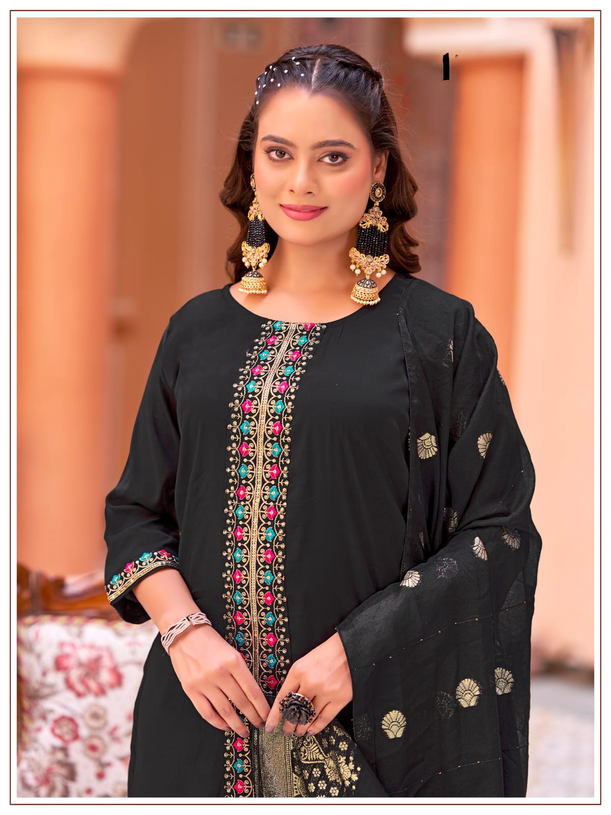 Women's Kurti Palazzo Dupatta Set in Assorted Colors Mul Chanderi with Heavy Embroidery