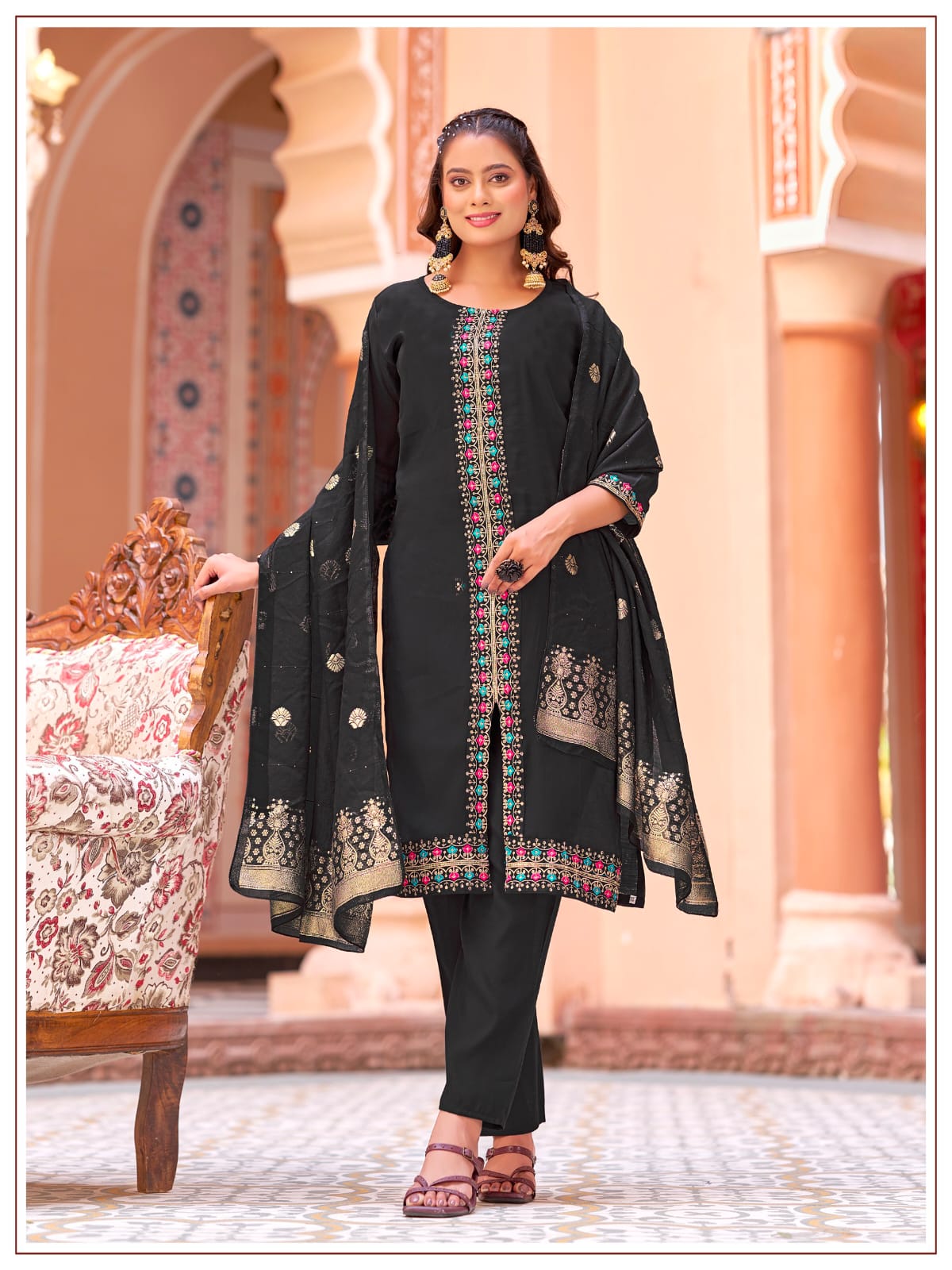 Women's Kurti Palazzo Dupatta Set in Assorted Colors Mul Chanderi with Heavy Embroidery