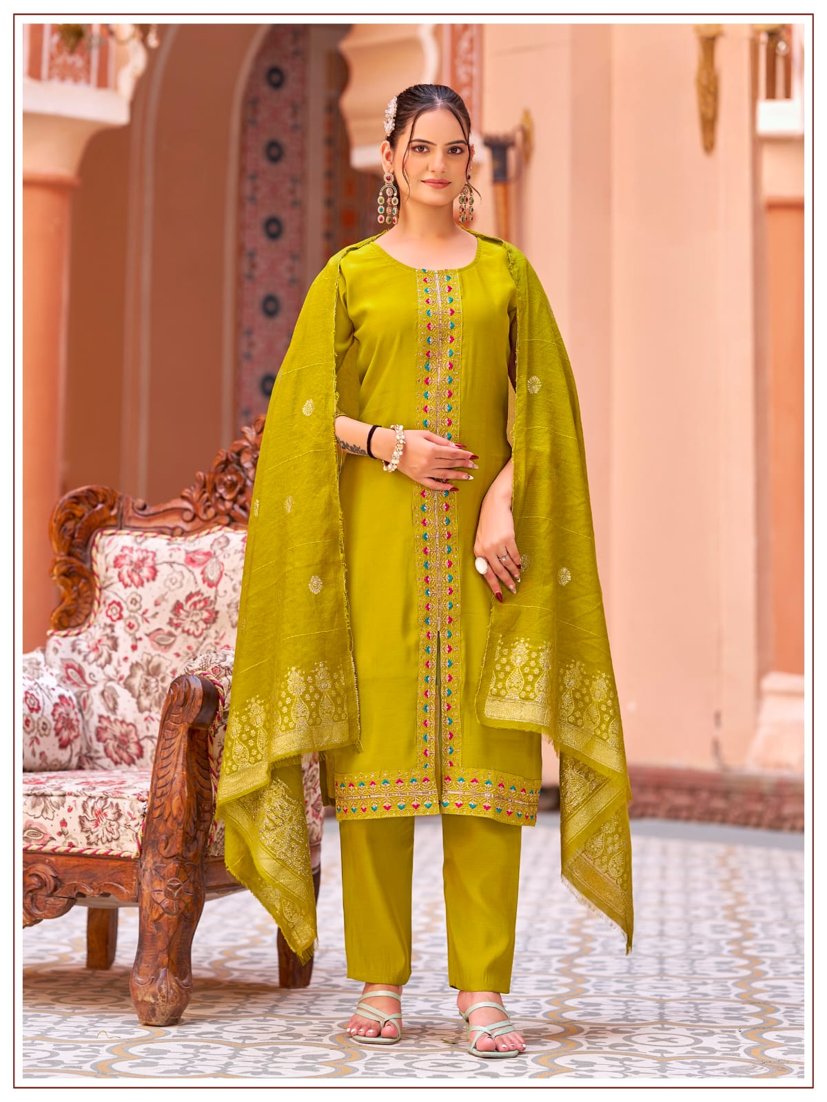 Women's Kurti Palazzo Dupatta Set in Assorted Colors Mul Chanderi with Heavy Embroidery