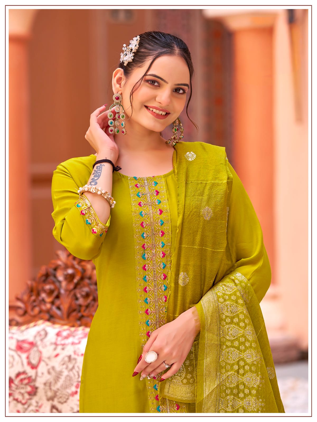 Women's Kurti Palazzo Dupatta Set in Assorted Colors Mul Chanderi with Heavy Embroidery