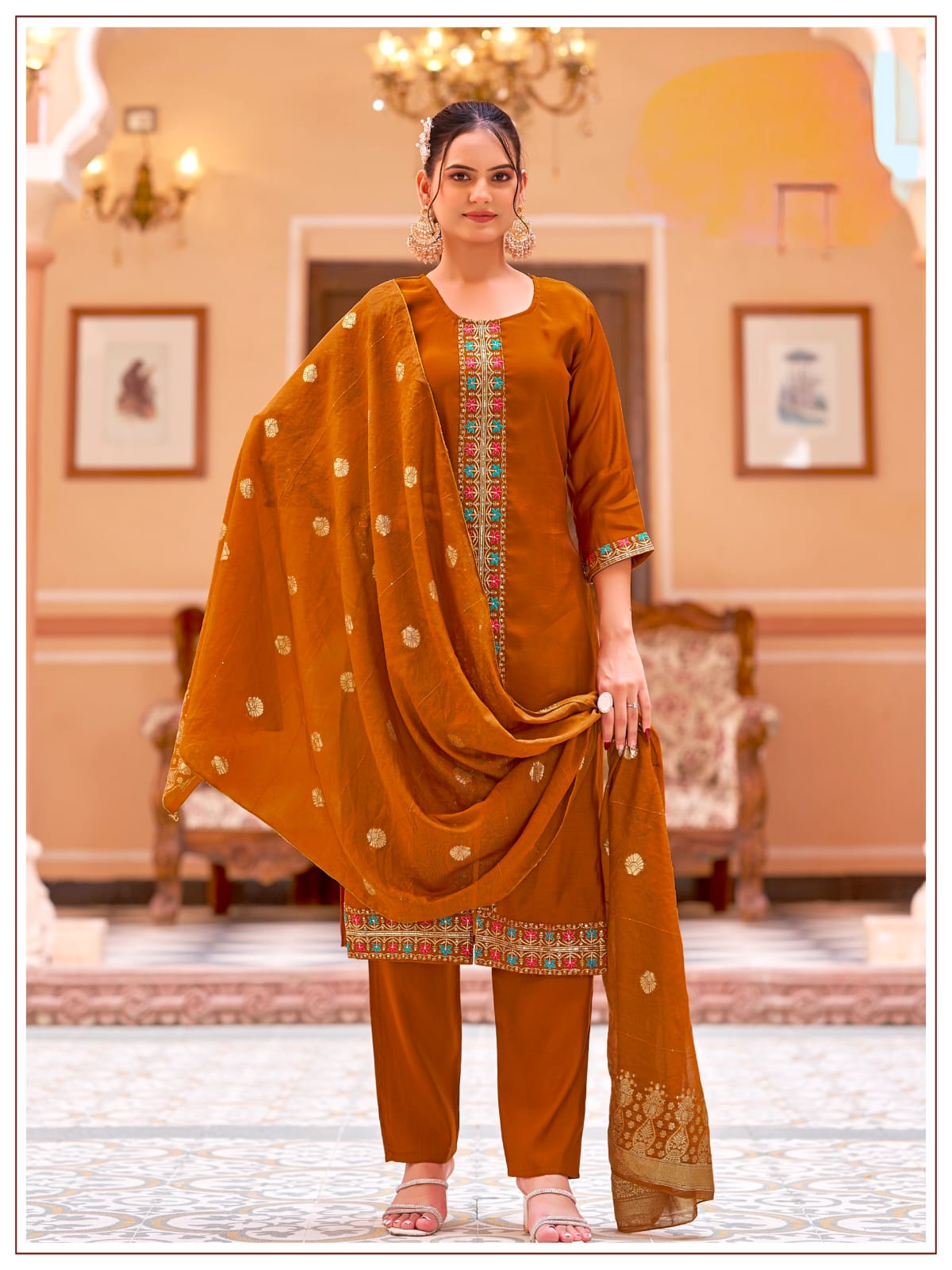 Women's Kurti Palazzo Dupatta Set in Assorted Colors Mul Chanderi with Heavy Embroidery