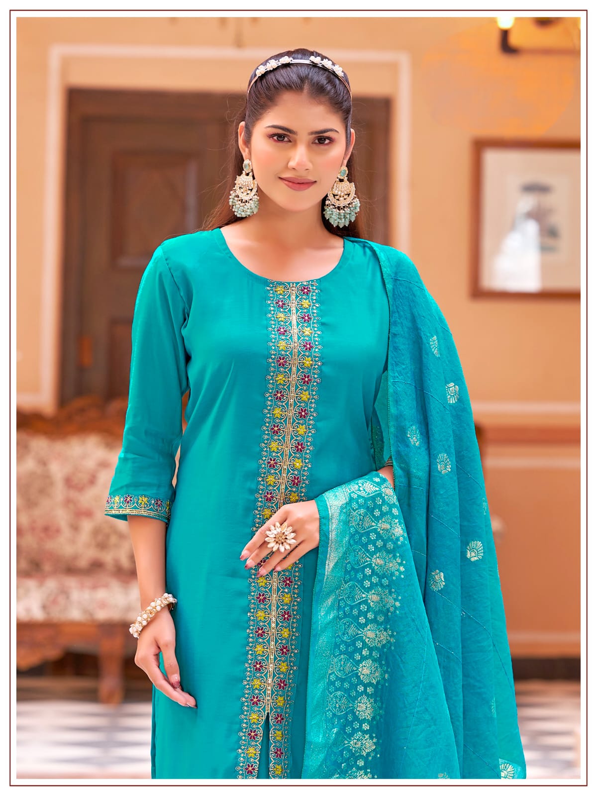 Women's Kurti Palazzo Dupatta Set in Assorted Colors Mul Chanderi with Heavy Embroidery