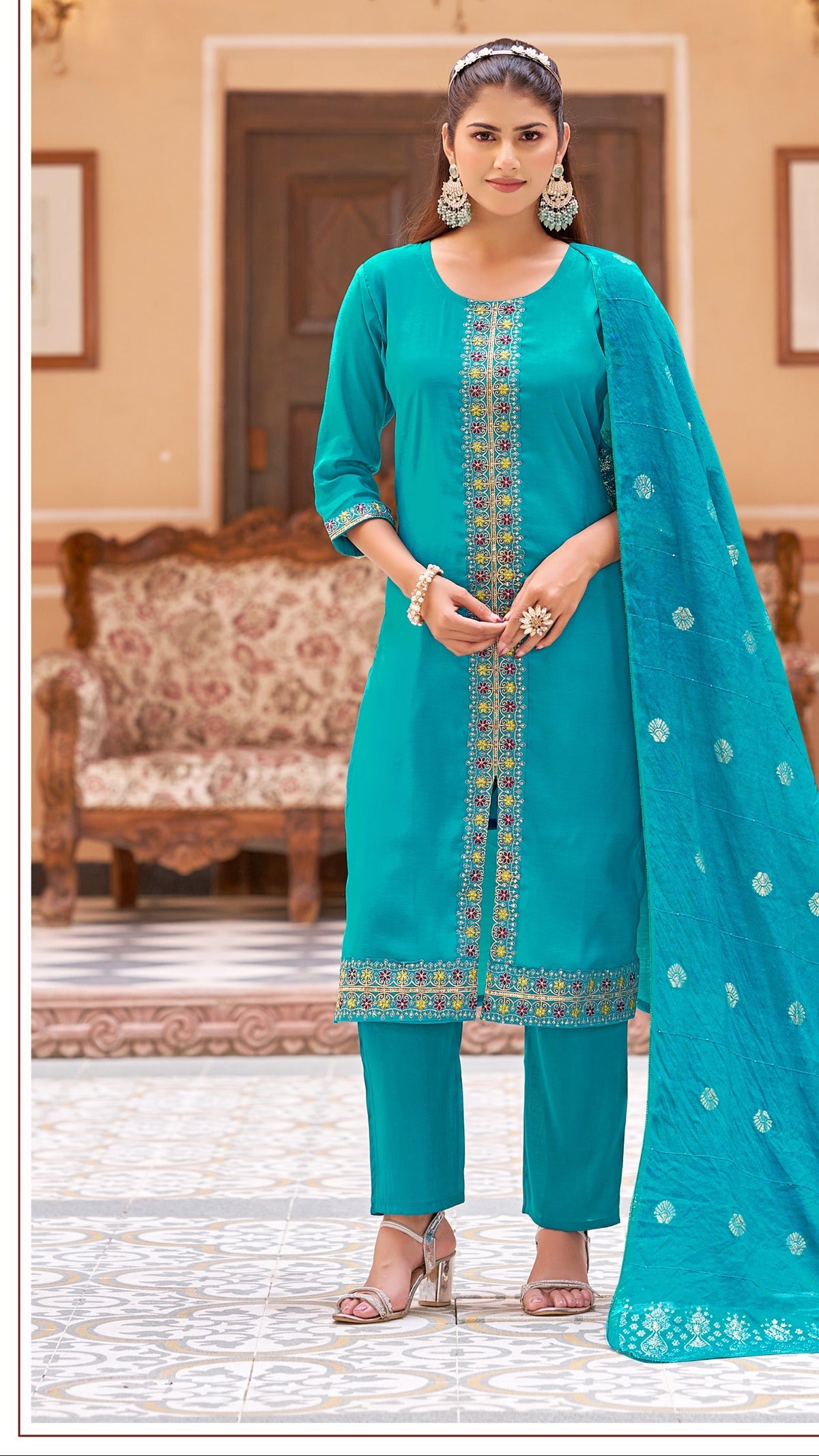 Women's Kurti Palazzo Dupatta Set in Assorted Colors Mul Chanderi with Heavy Embroidery