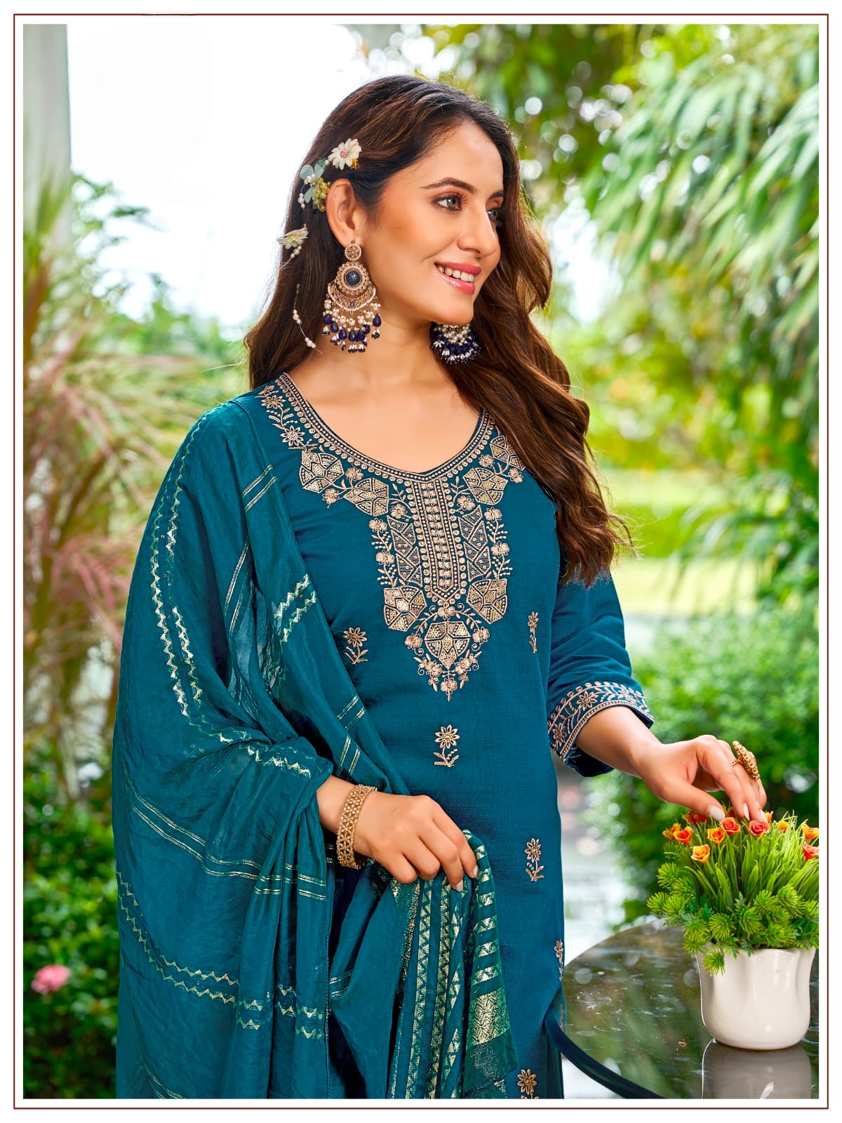 Women's Kurta Pant Dupatta Set in Assorted Colors Vertican Silk with Thread Embroidery