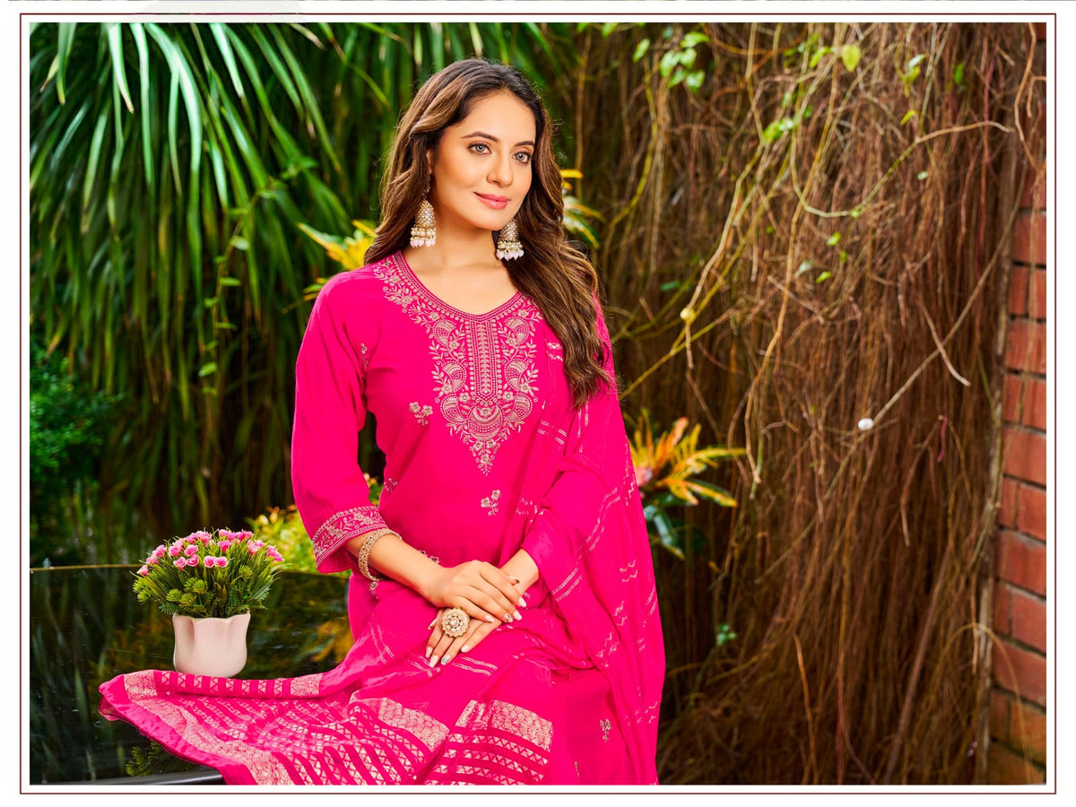 Women's Kurta Pant Dupatta Set in Assorted Colors Vertican Silk with Thread Embroidery