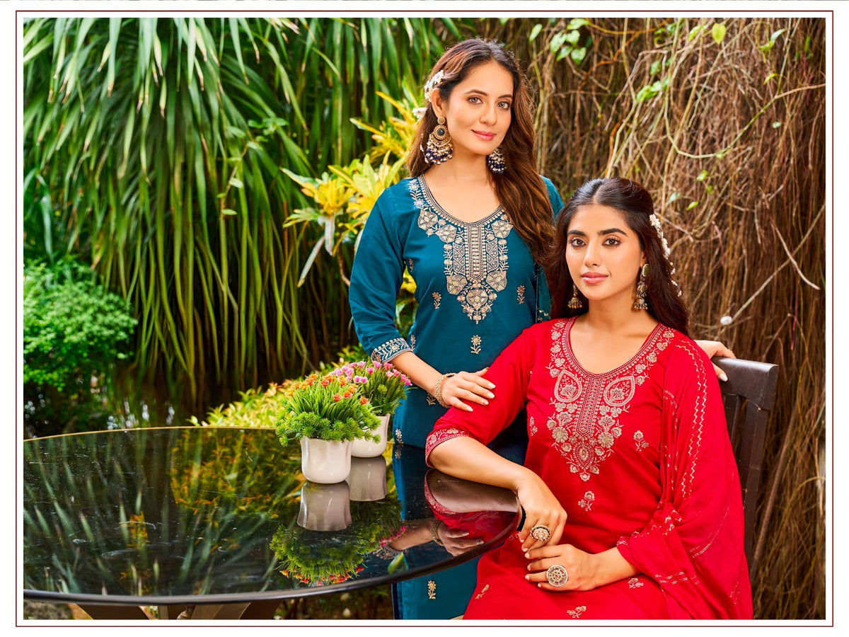 Women's Kurta Pant Dupatta Set in Assorted Colors Vertican Silk with Thread Embroidery