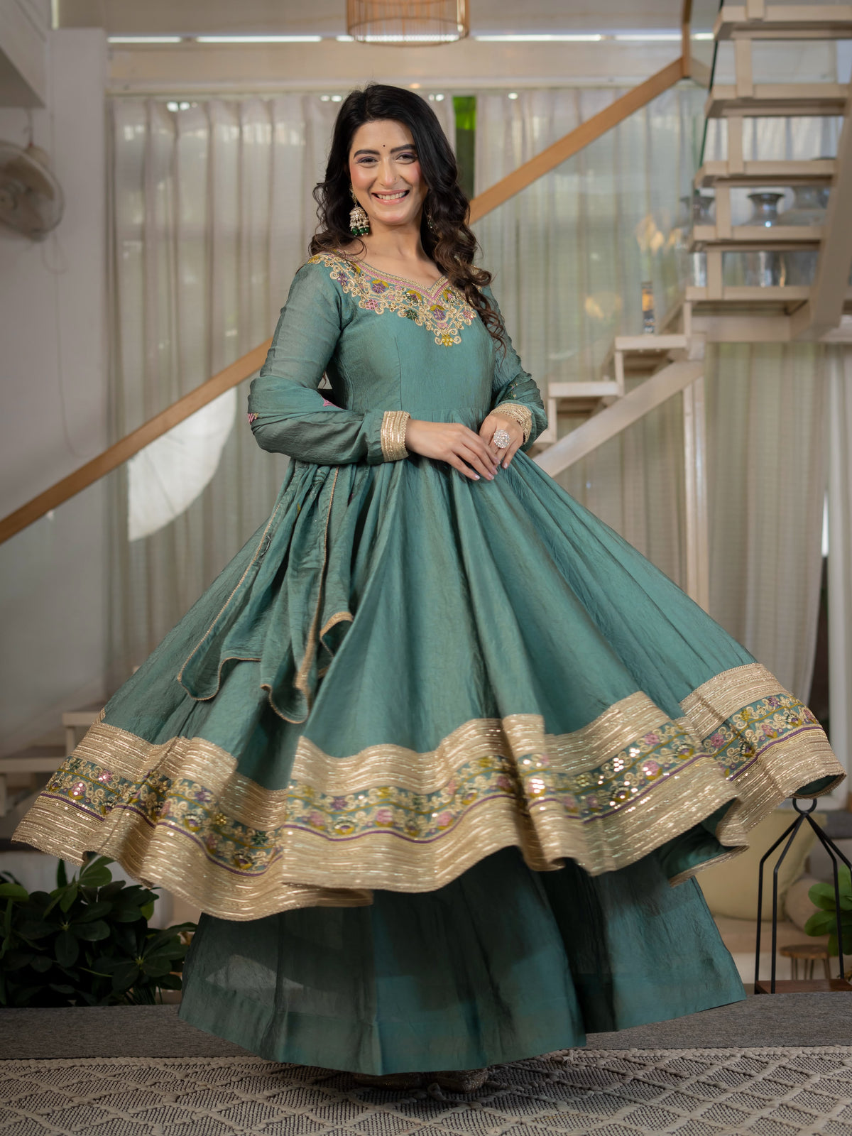 Women's Anarkali Suit in Sage Green Rangoli Crush with Sequin Embroidery