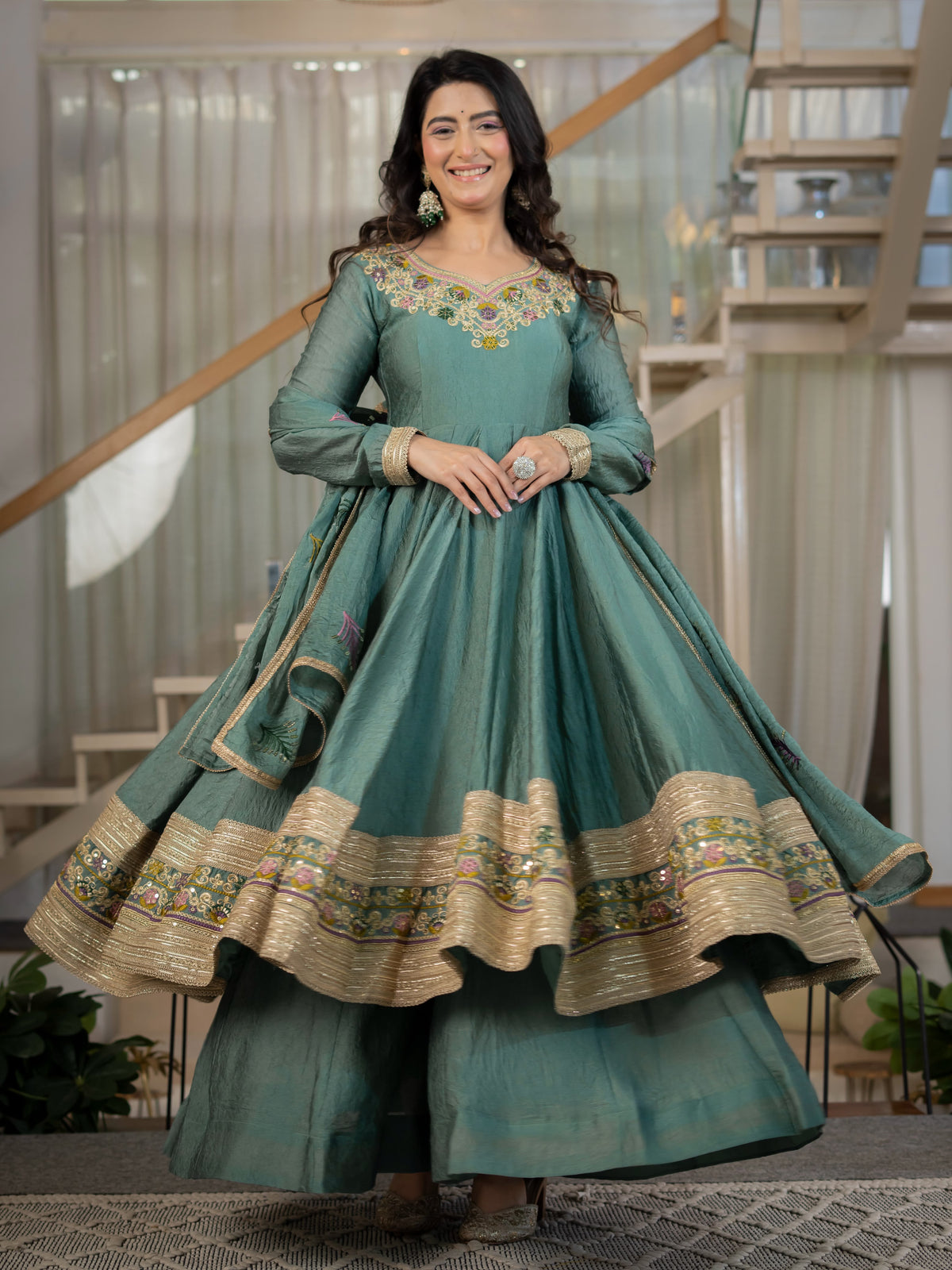 Women's Anarkali Suit in Sage Green Rangoli Crush with Sequin Embroidery