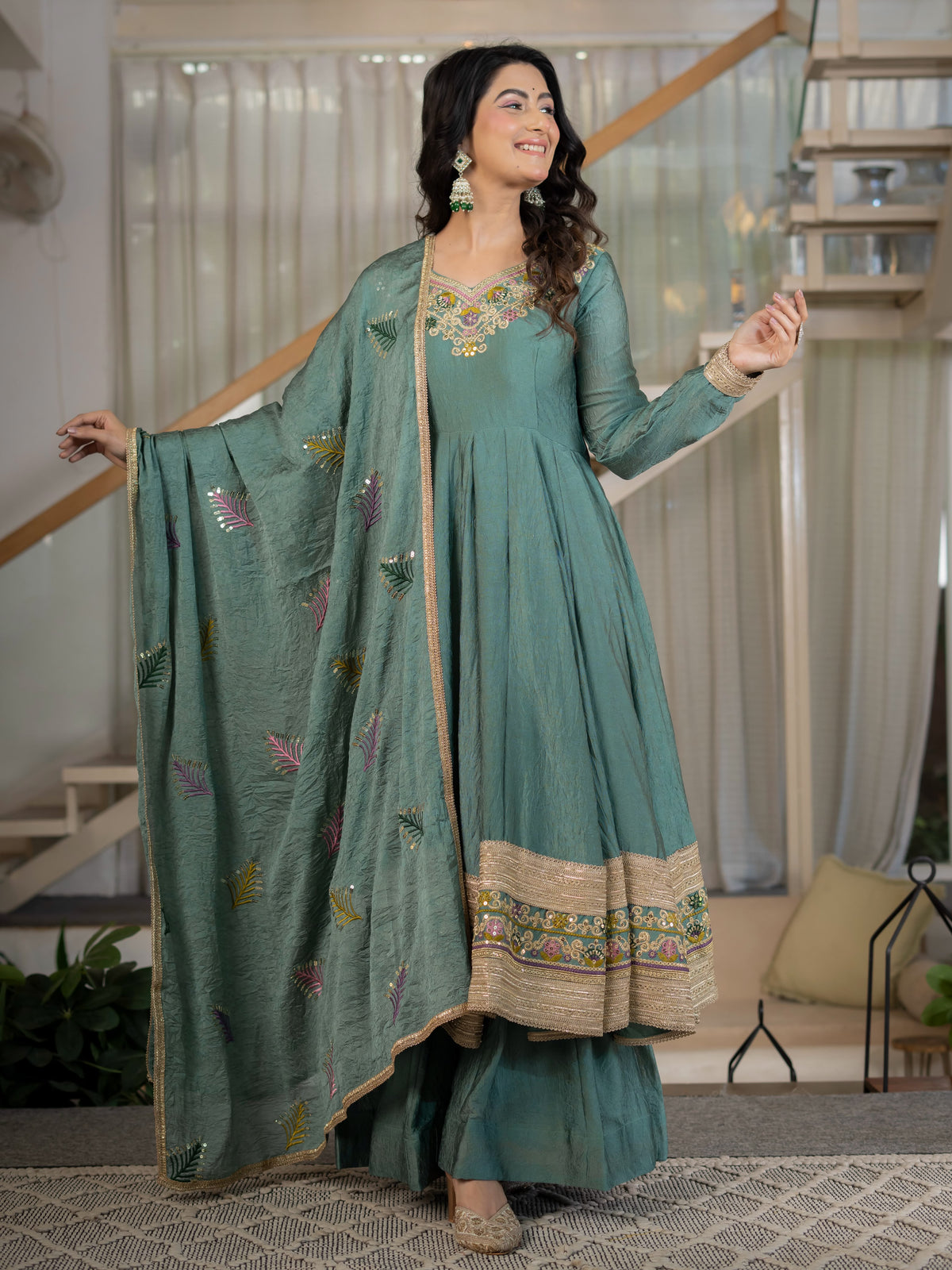 Women's Anarkali Suit in Sage Green Rangoli Crush with Sequin Embroidery