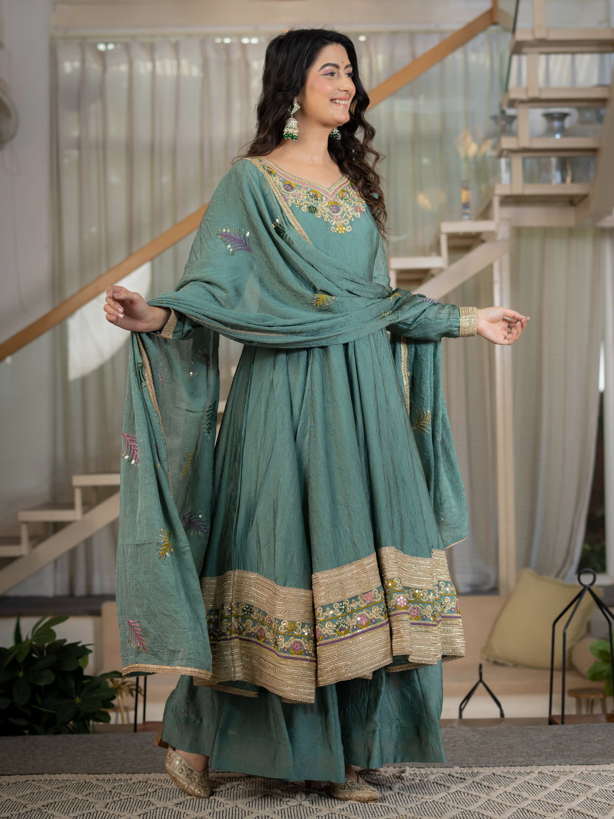 Women's Anarkali Suit in Sage Green Rangoli Crush with Sequin Embroidery