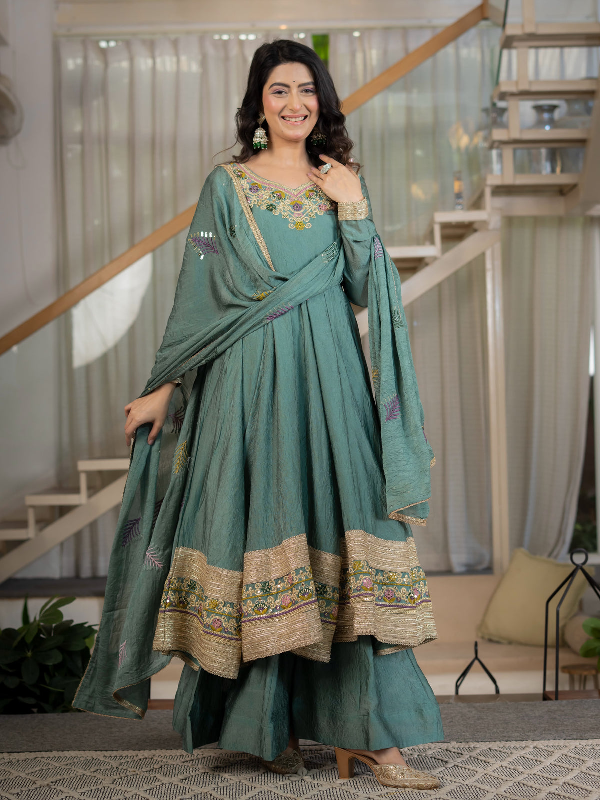 Women's Anarkali Suit in Sage Green Rangoli Crush with Sequin Embroidery