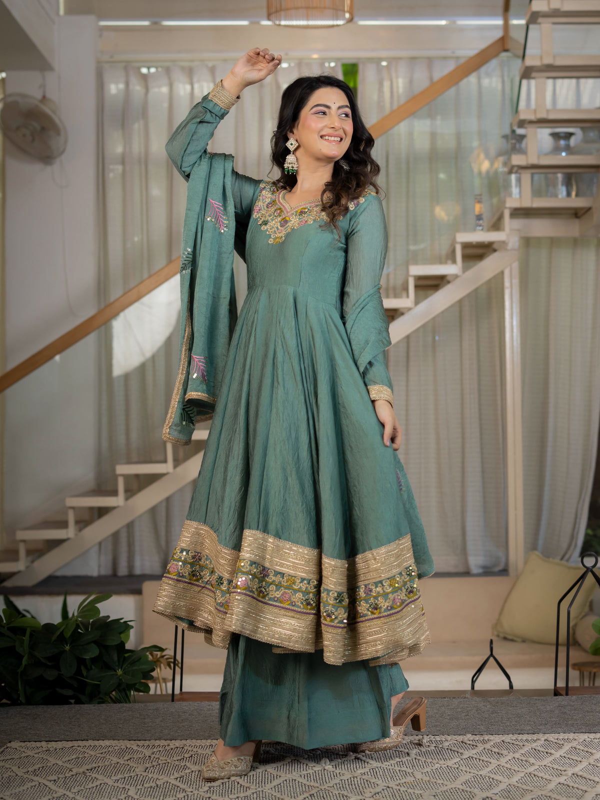 Women's Anarkali Suit in Sage Green Rangoli Crush with Sequin Embroidery