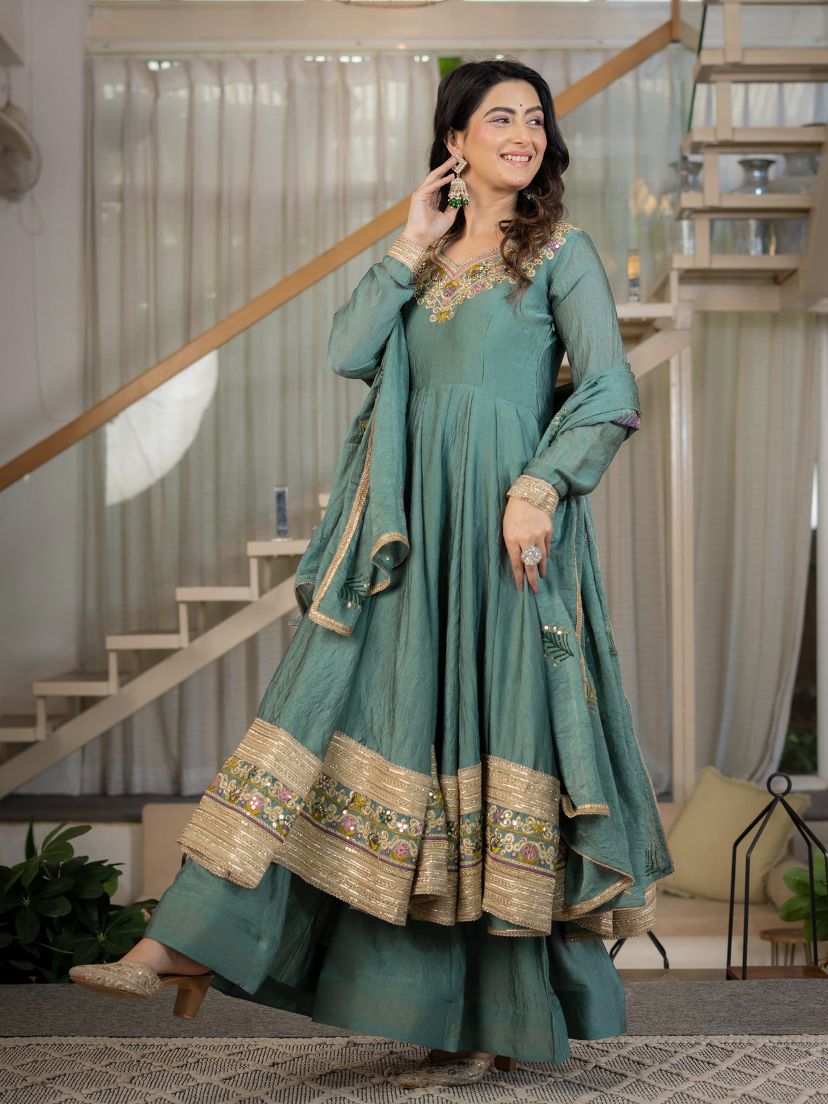 Women's Anarkali Suit in Sage Green Rangoli Crush with Sequin Embroidery