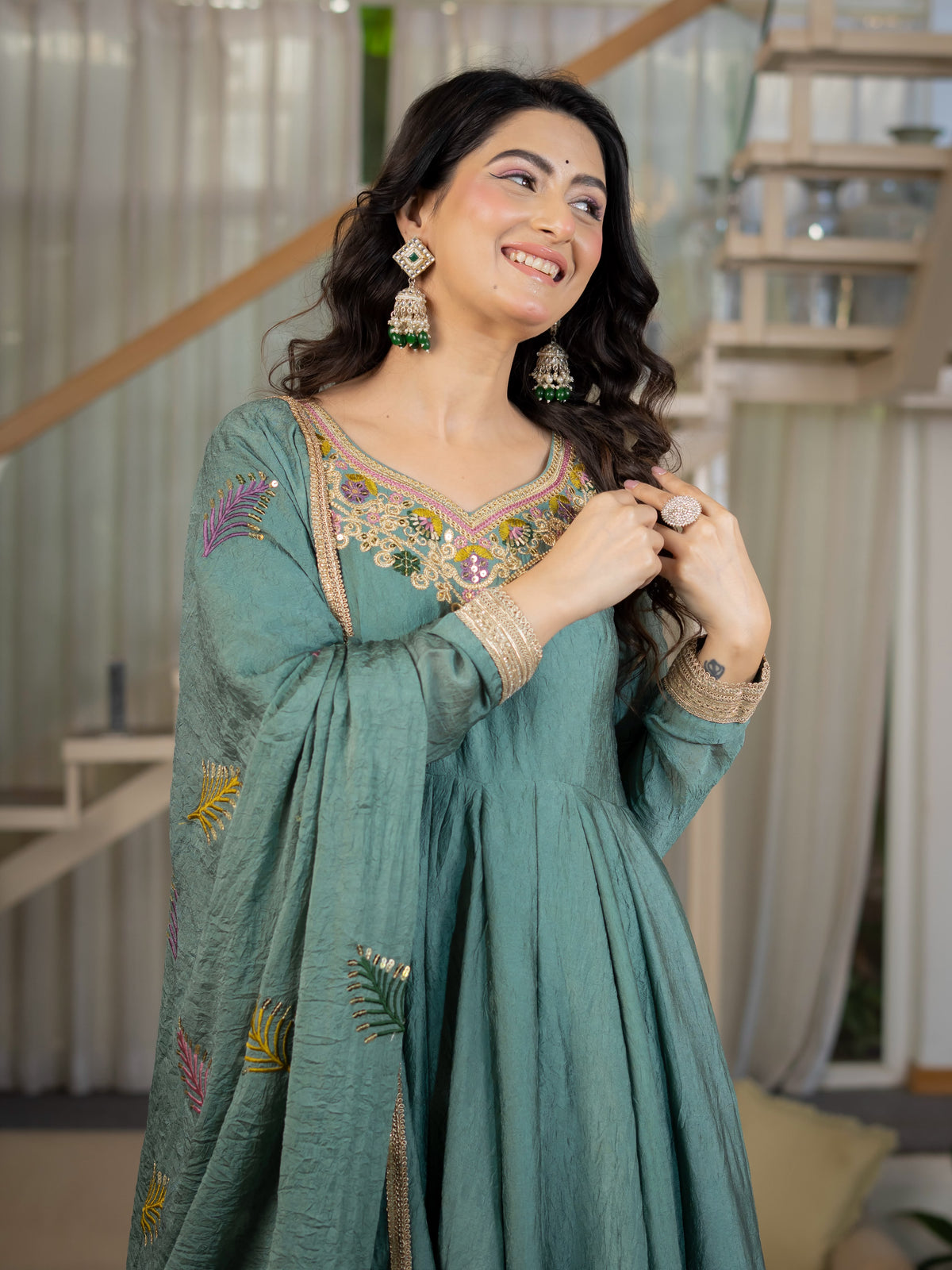 Women's Anarkali Suit in Sage Green Rangoli Crush with Sequin Embroidery