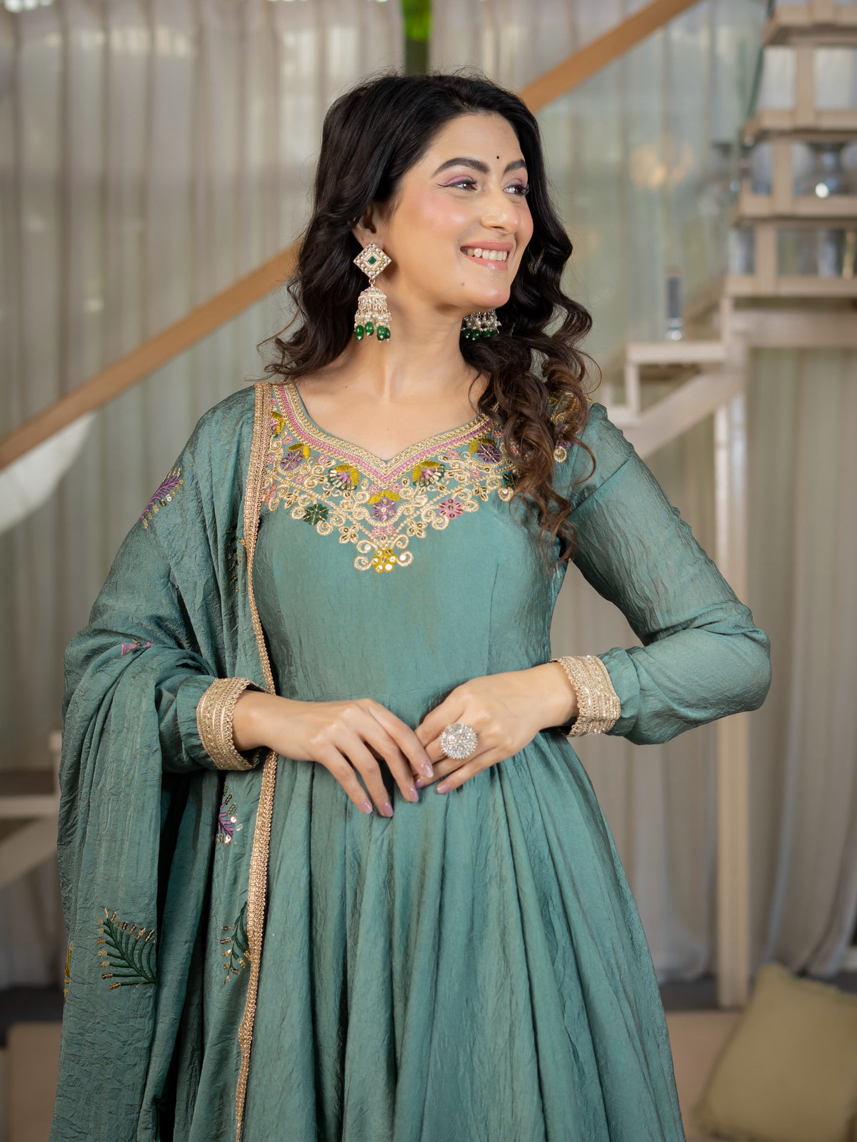 Women's Anarkali Suit in Sage Green Rangoli Crush with Sequin Embroidery