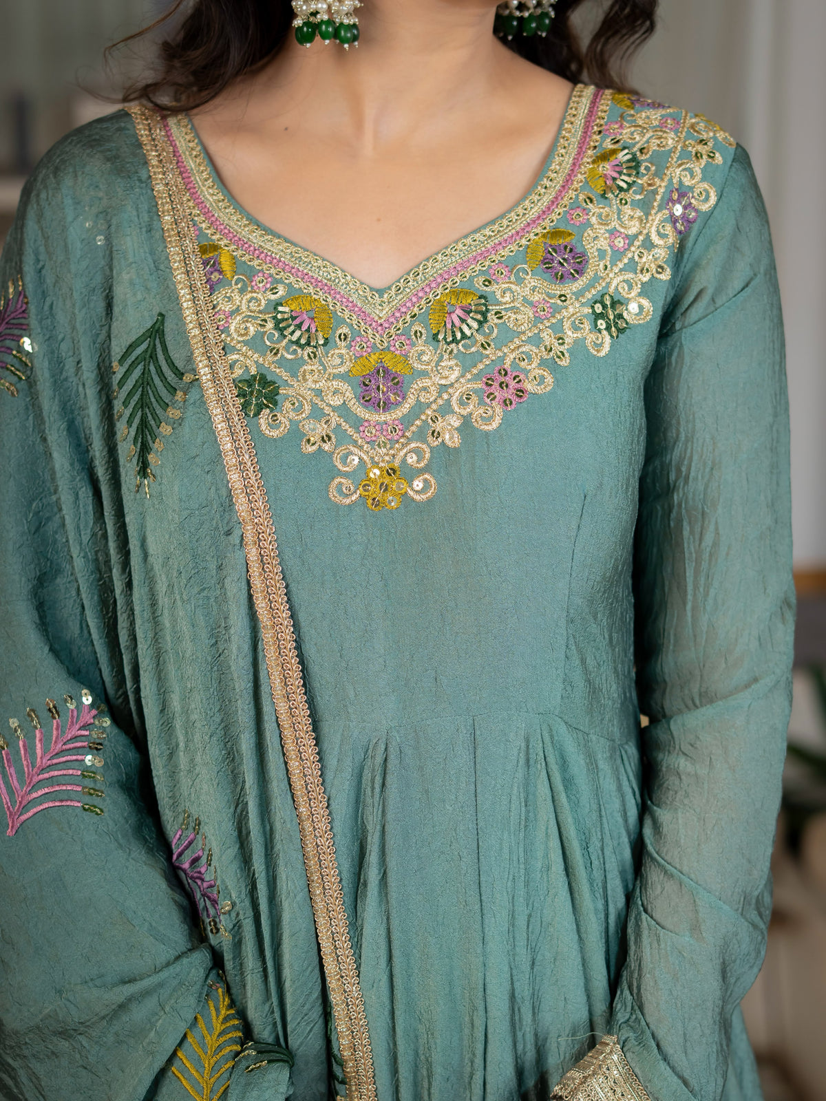 Women's Anarkali Suit in Sage Green Rangoli Crush with Sequin Embroidery