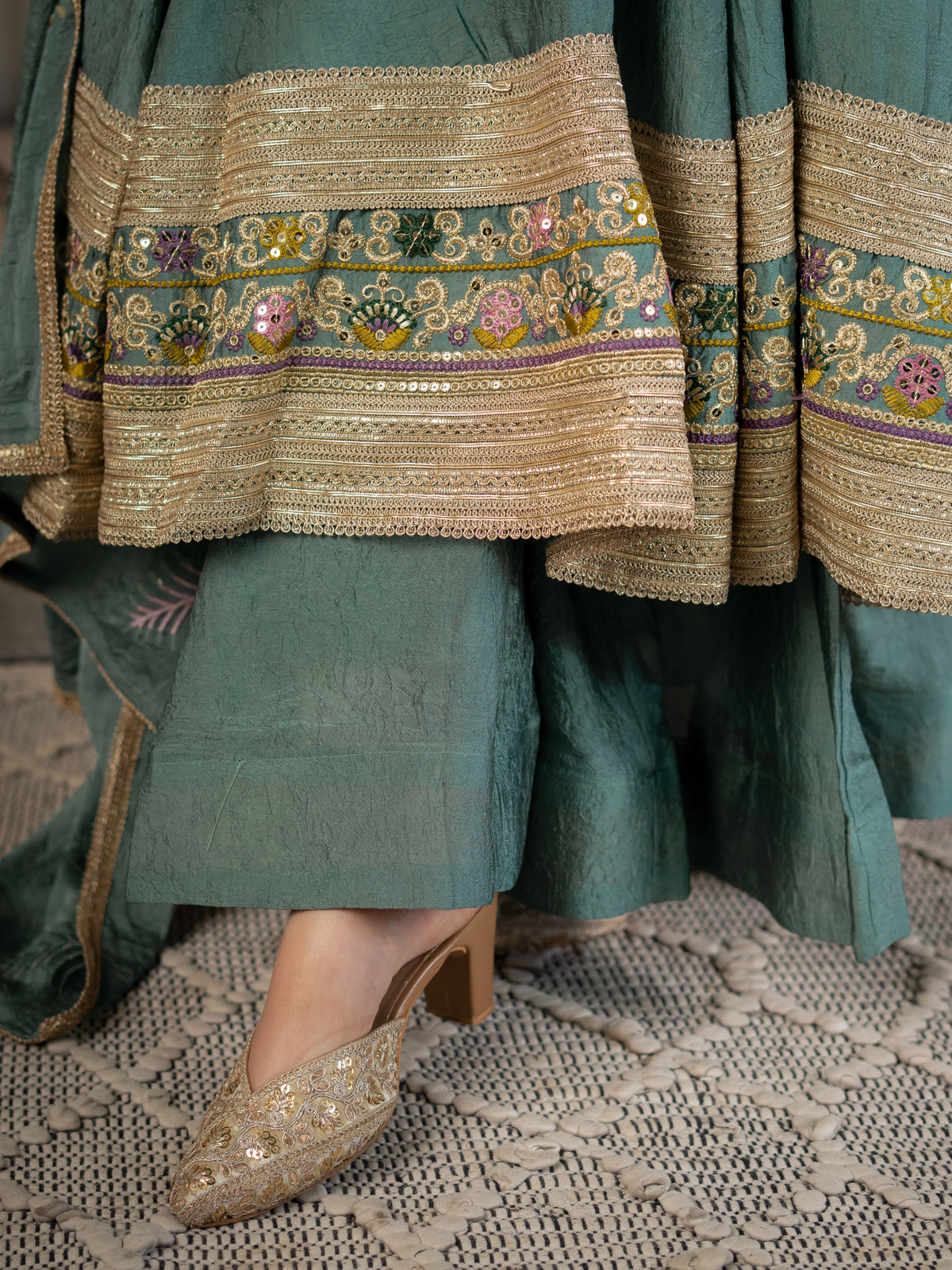 Women's Anarkali Suit in Sage Green Rangoli Crush with Sequin Embroidery