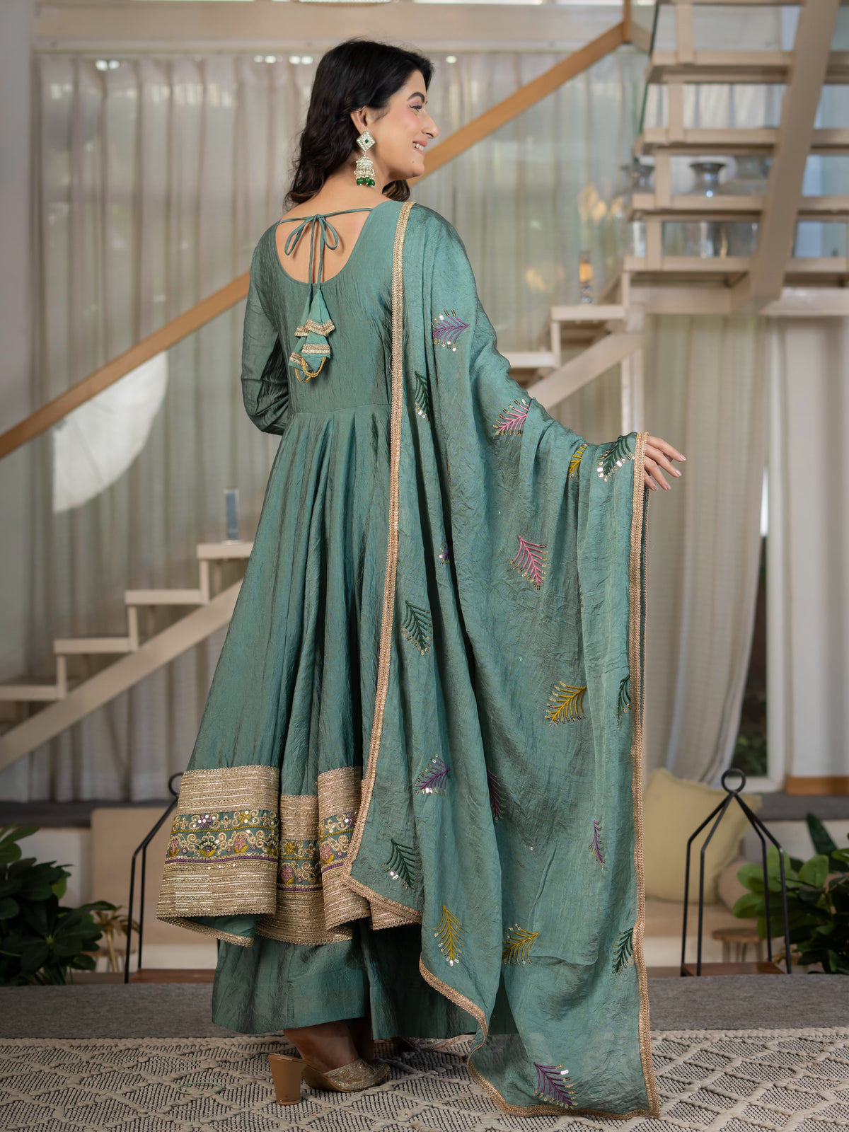 Women's Anarkali Suit in Sage Green Rangoli Crush with Sequin Embroidery