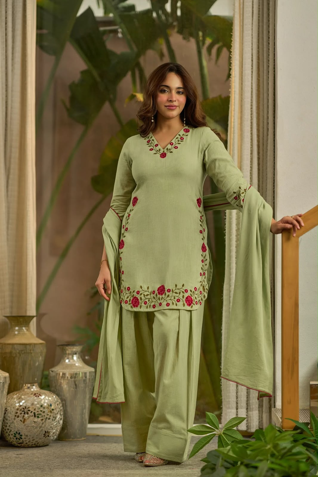 Women's Farshi Salwar Suit in Sage Green Mal Chanderi Cotton with Floral Needlework Embroidery