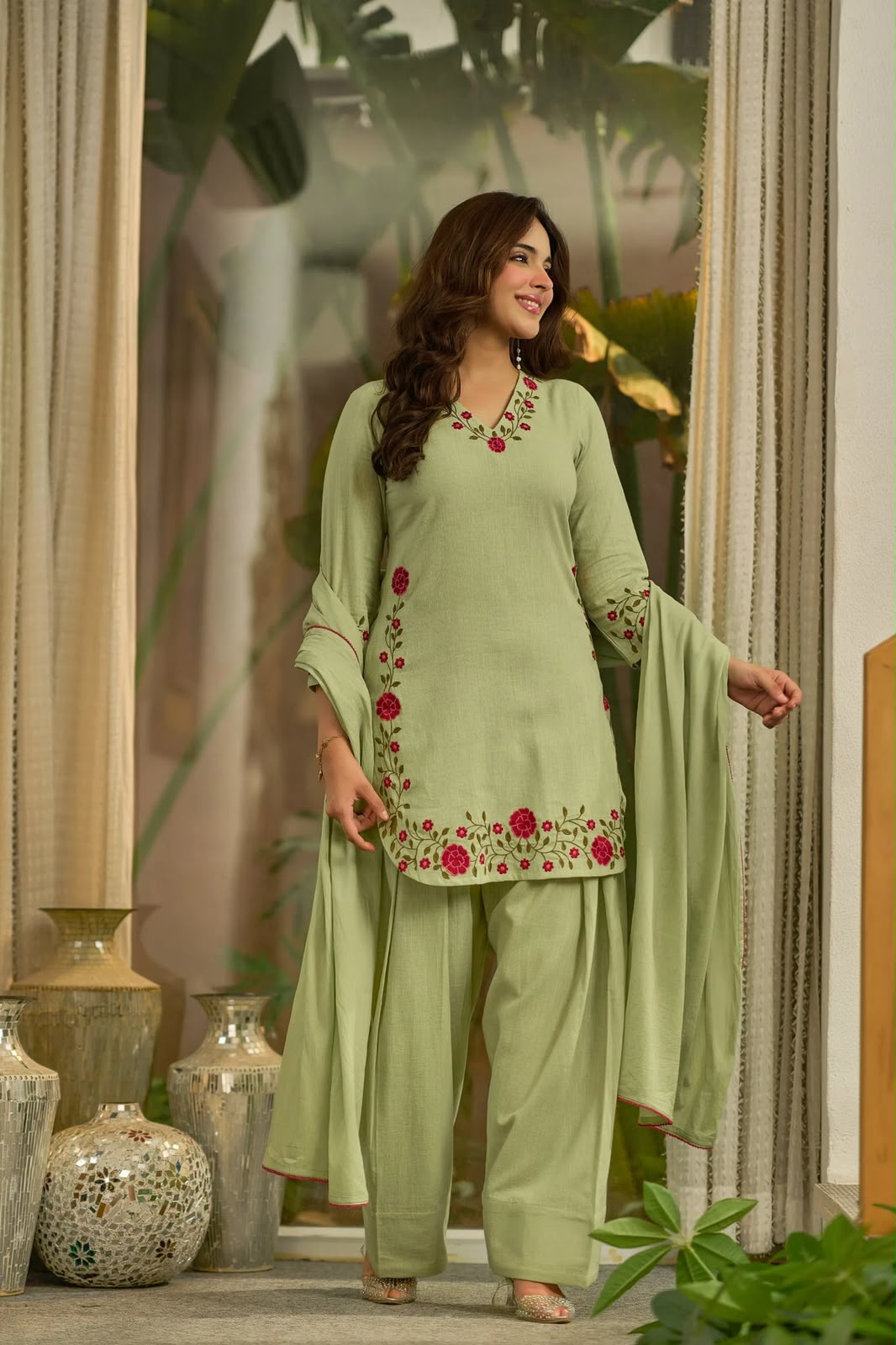Women's Farshi Salwar Suit in Sage Green Mal Chanderi Cotton with Floral Needlework Embroidery