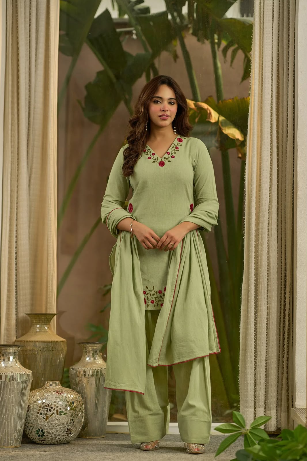 Women's Farshi Salwar Suit in Sage Green Mal Chanderi Cotton with Floral Needlework Embroidery