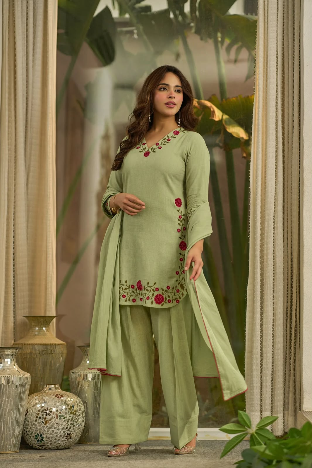 Women's Farshi Salwar Suit in Sage Green Mal Chanderi Cotton with Floral Needlework Embroidery