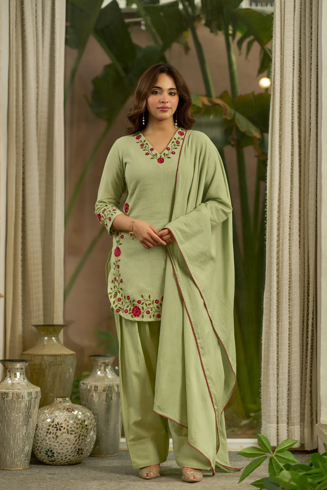 Women's Farshi Salwar Suit in Sage Green Mal Chanderi Cotton with Floral Needlework Embroidery