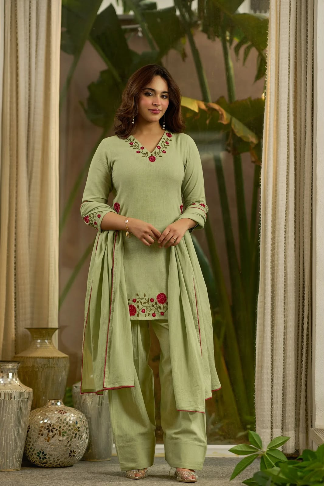 Women's Farshi Salwar Suit in Sage Green Mal Chanderi Cotton with Floral Needlework Embroidery