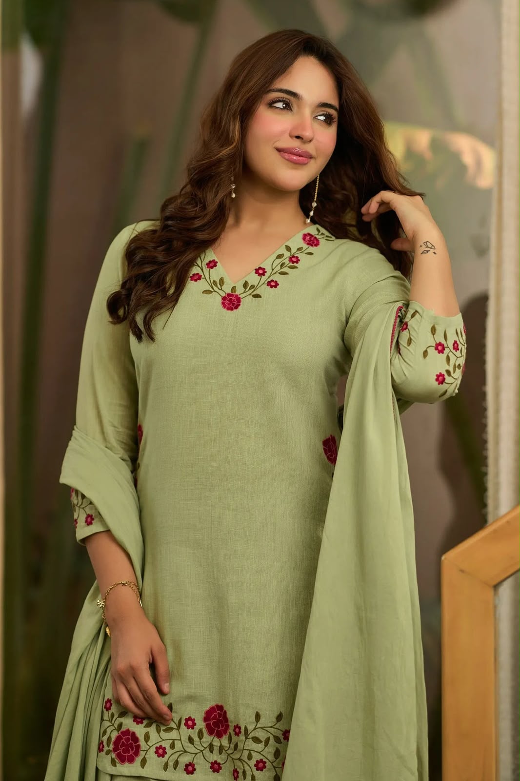 Women's Farshi Salwar Suit in Sage Green Mal Chanderi Cotton with Floral Needlework Embroidery