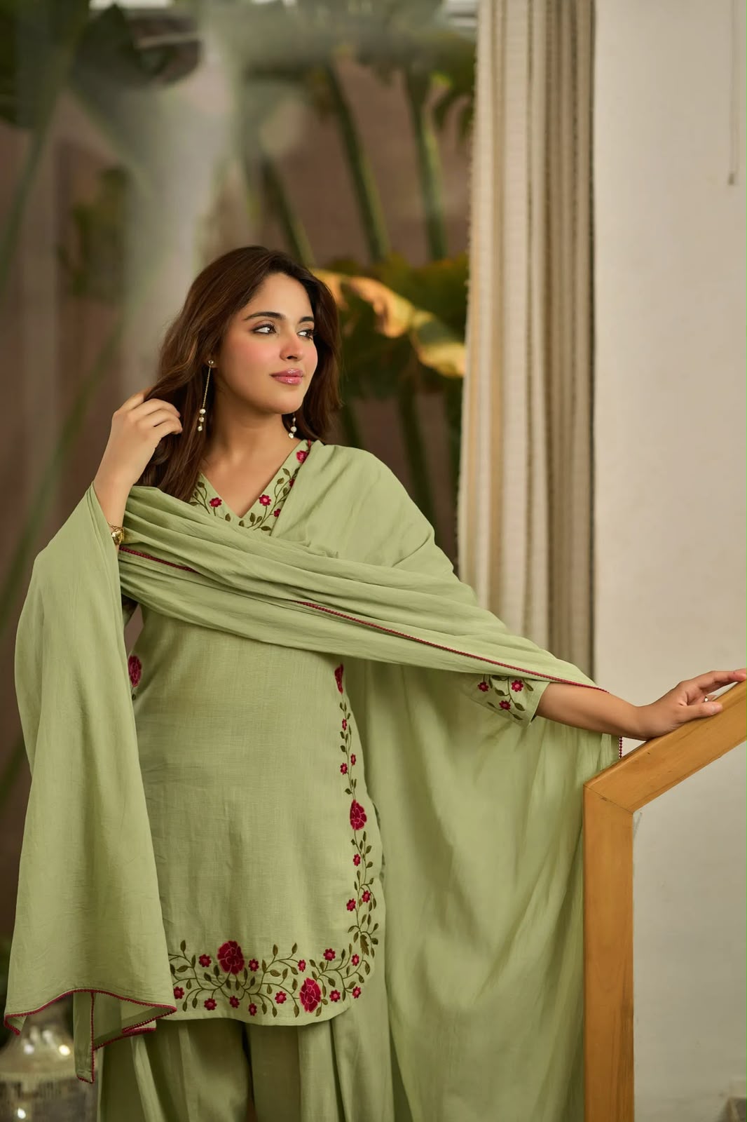 Women's Farshi Salwar Suit in Sage Green Mal Chanderi Cotton with Floral Needlework Embroidery