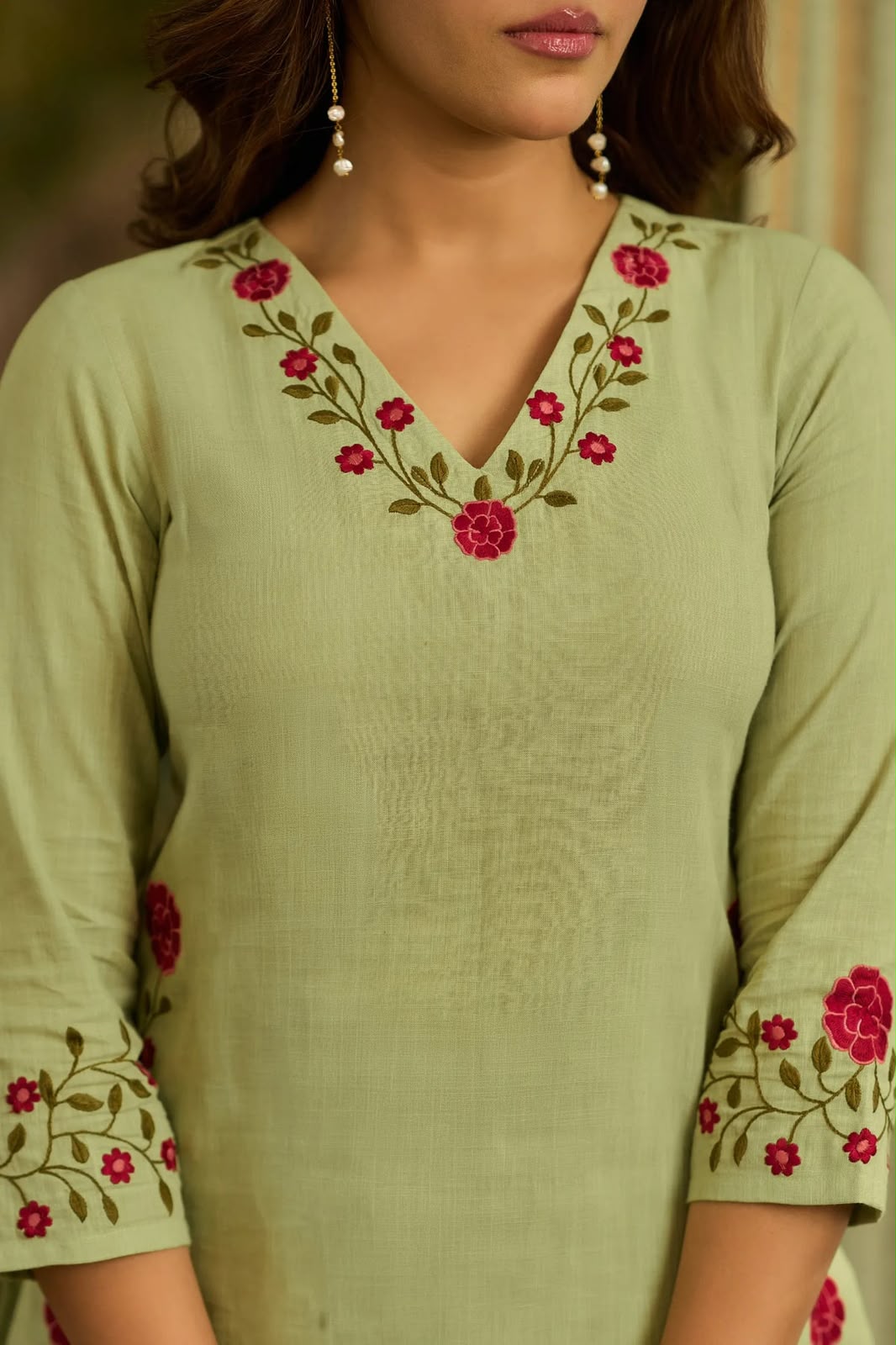 Women's Farshi Salwar Suit in Sage Green Mal Chanderi Cotton with Floral Needlework Embroidery